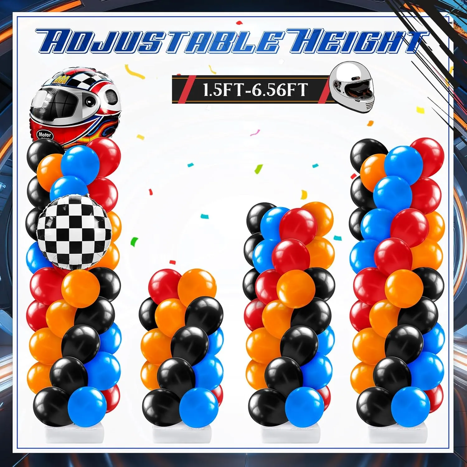 Kasyat 2 Sets Race Car Balloon Column Stand Kit with Star Race Tire Wheels Helmets Checked Foil Balloons Hot Car Arch Garland Kit for Floor for Racing Themed Birthday Party Decorations