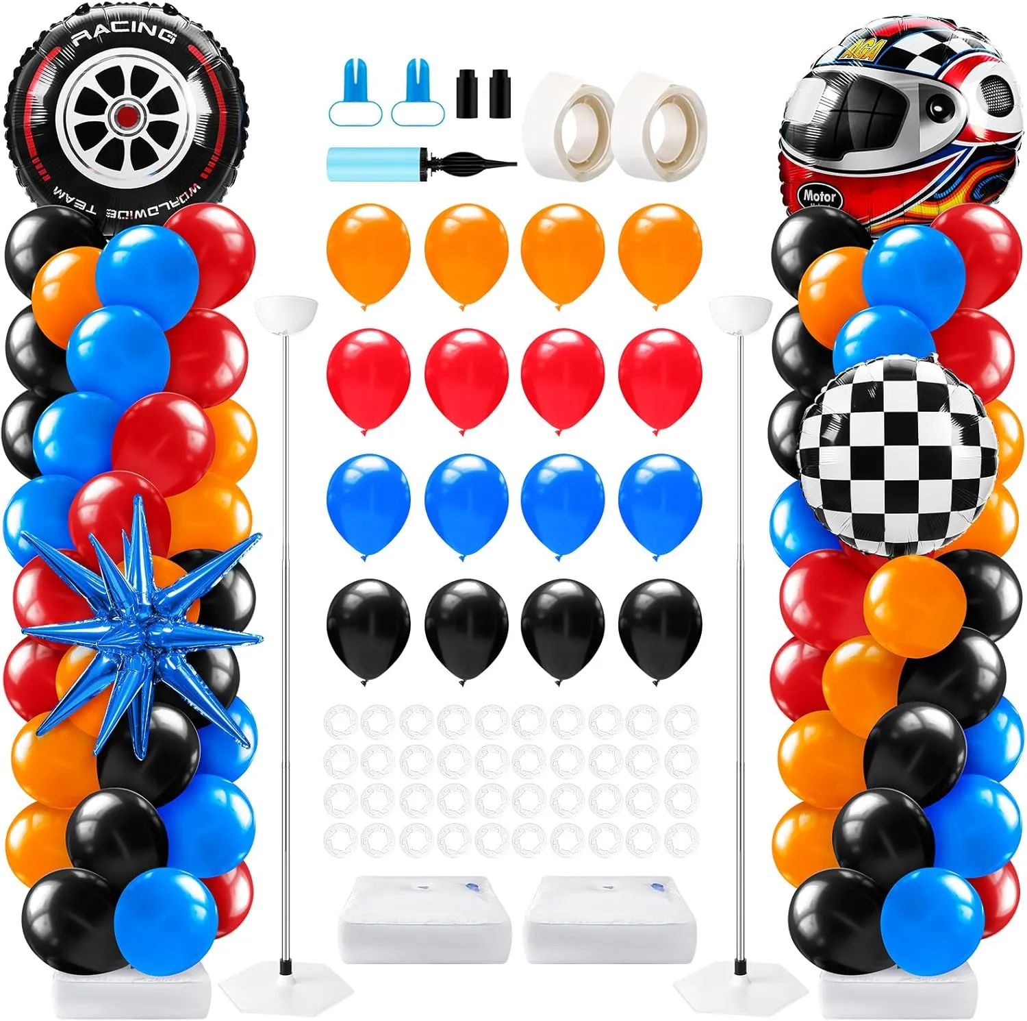 Kasyat 2 Sets Race Car Balloon Column Stand Kit with Star Race Tire Wheels Helmets Checked Foil Balloons Hot Car Arch Garland Kit for Floor for Racing Themed Birthday Party Decorations