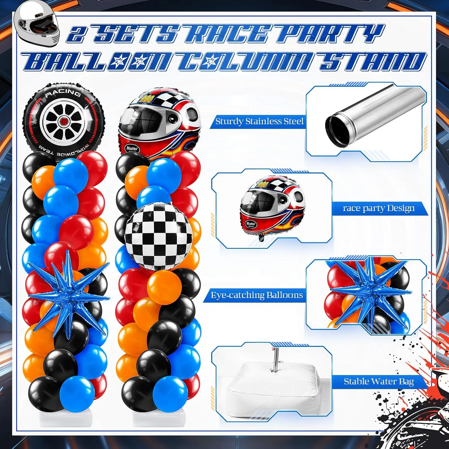 Kasyat 2 Sets Race Car Balloon Column Stand Kit with Star Race Tire Wheels Helmets Checked Foil Balloons Hot Car Arch Garland Kit for Floor for Racing Themed Birthday Party Decorations