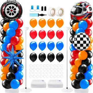 Kasyat 2 Sets Race Car Balloon Column Stand Kit with Star Race Tire Wheels Helmets Checked Foil Balloons Hot Car Arch Garland Kit for Floor for Racing Themed Birthday Party Decorations