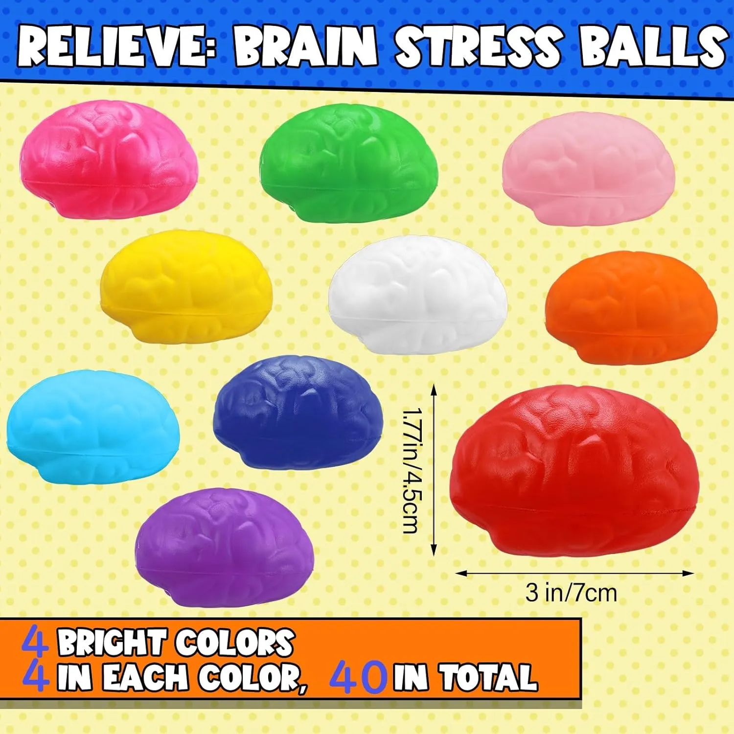 Kasyat 40 Pcs Brain Stress Ball Mini Brain Shaped Stress Ball Bulk PU Hand Muscle Exercise Pressure Prop for Adult Improving Grip Strength Object Recognition Prop Mold Halloween(Colorful,Large)