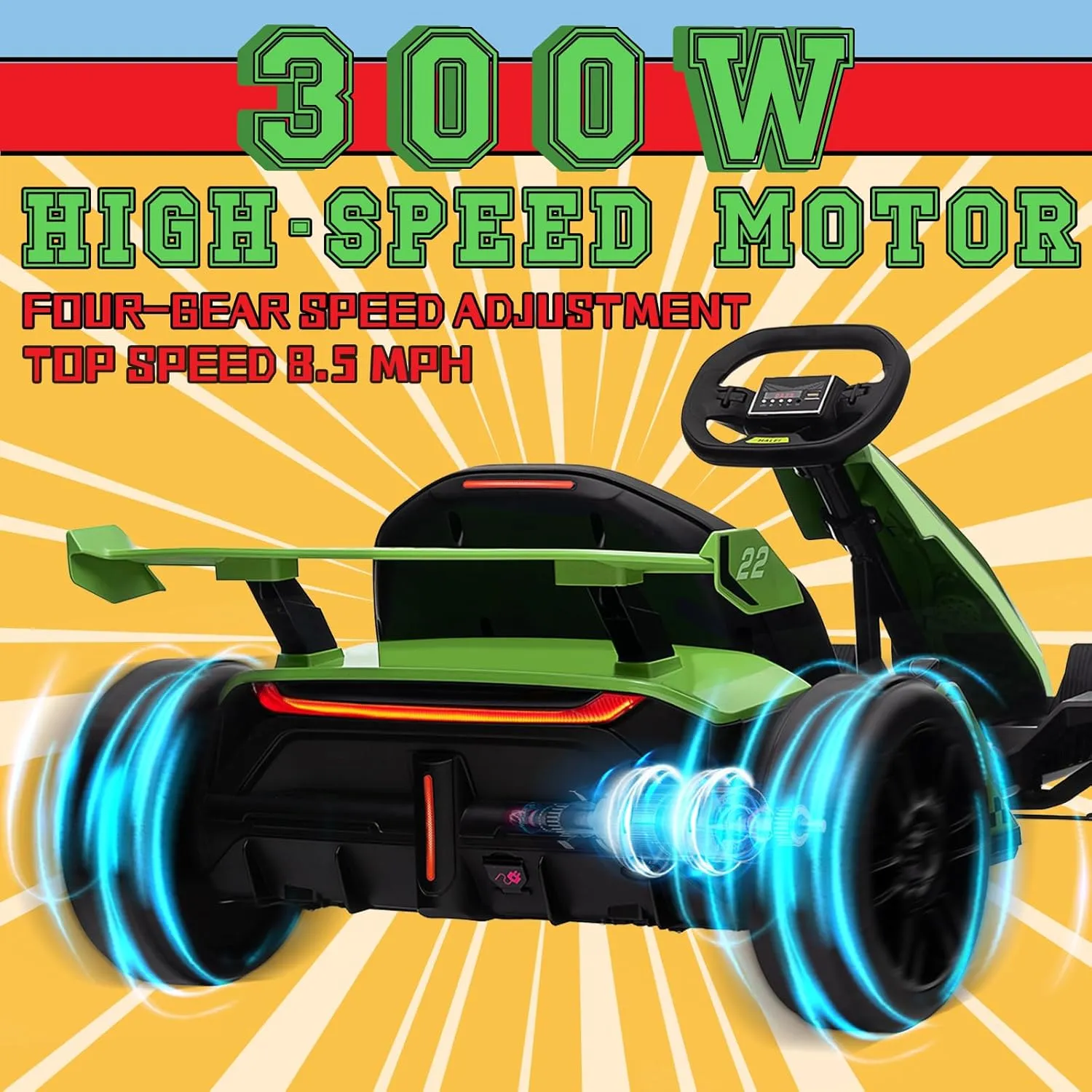 Kerry Yoo Go Kart Electric Drift Kart Car with Adjustable Seat, 24V Outdoor Ride on Toy with 4 Speed Mode, Crazy Cart for Kids 6-12 Years Old, Fast 300W Motor, 8.5 MPH, LED Lights, Bluetooth - Green