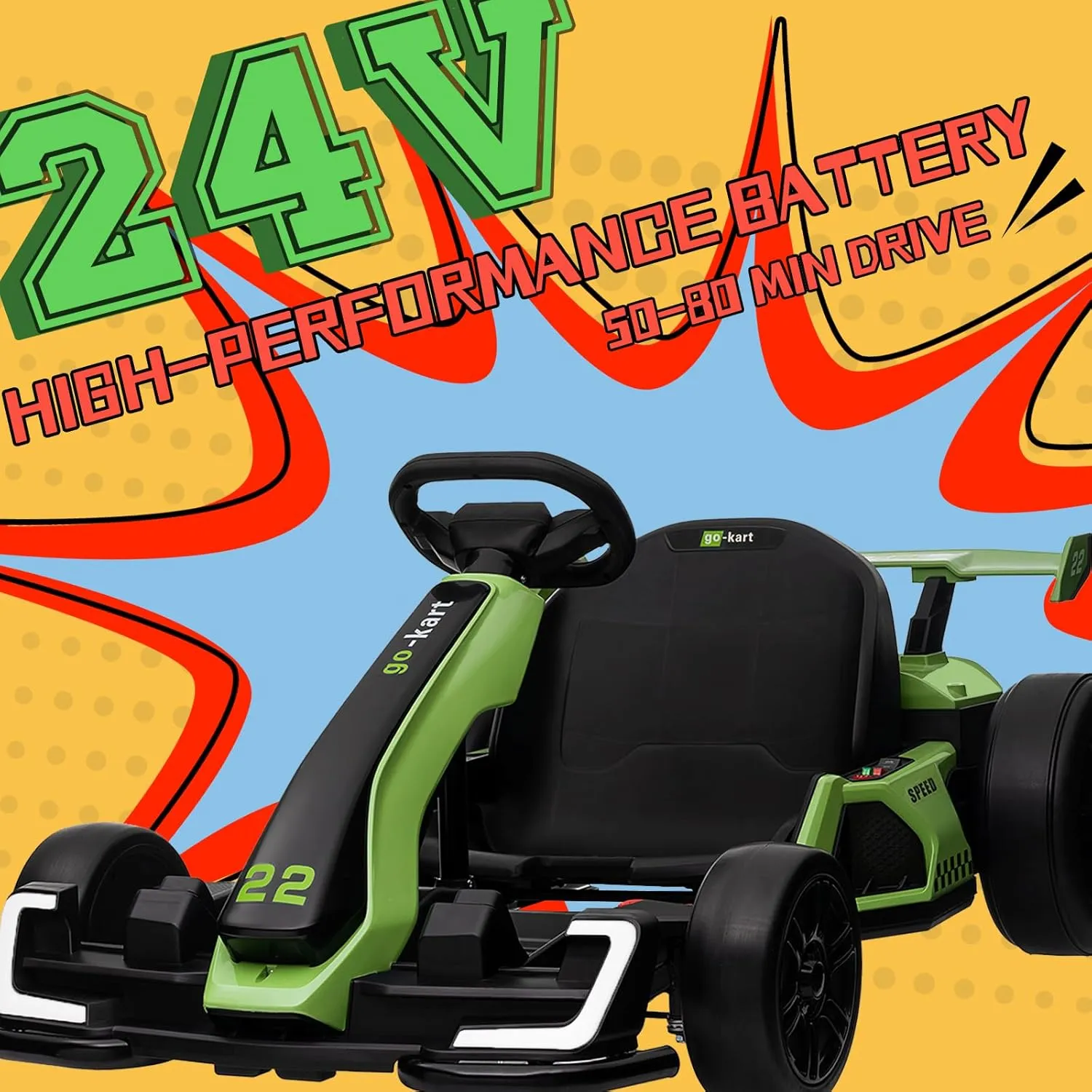 Kerry Yoo Go Kart Electric Drift Kart Car with Adjustable Seat, 24V Outdoor Ride on Toy with 4 Speed Mode, Crazy Cart for Kids 6-12 Years Old, Fast 300W Motor, 8.5 MPH, LED Lights, Bluetooth - Green