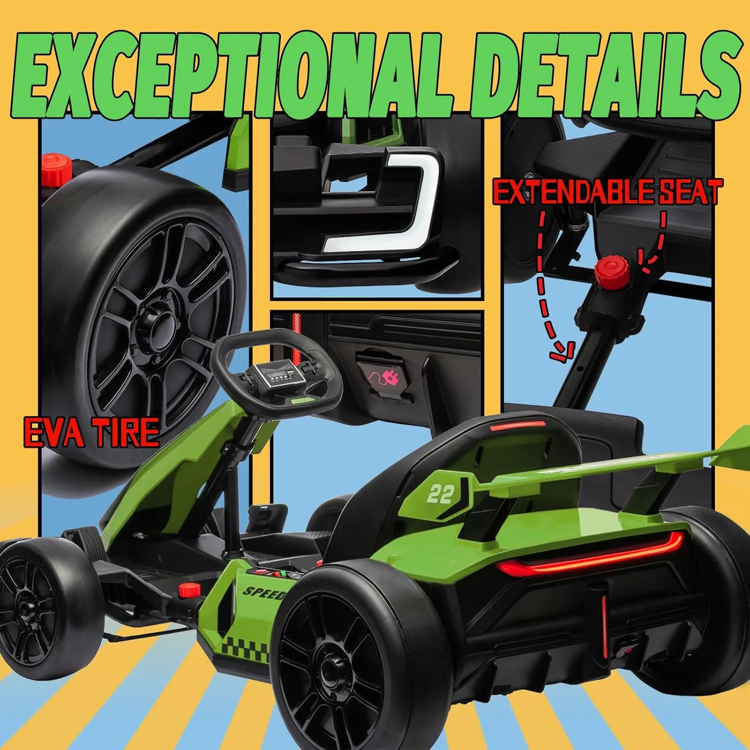 Kerry Yoo Go Kart Electric Drift Kart Car with Adjustable Seat, 24V Outdoor Ride on Toy with 4 Speed Mode, Crazy Cart for Kids 6-12 Years Old, Fast 300W Motor, 8.5 MPH, LED Lights, Bluetooth - Green