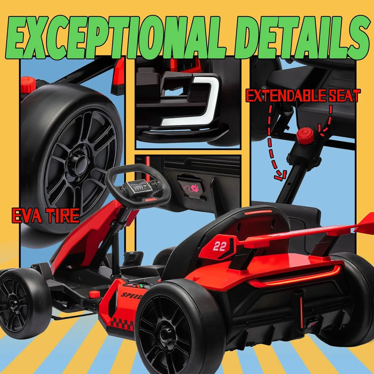 Kerry Yoo Go Kart Electric Drift Kart Car with Adjustable Seat, 24V Outdoor Ride on Toy with 4 Speed Mode, Crazy Cart for Kids 6-12 Years Old, Fast 300W Motor, 8.5 MPH, LED Lights, Bluetooth - Red