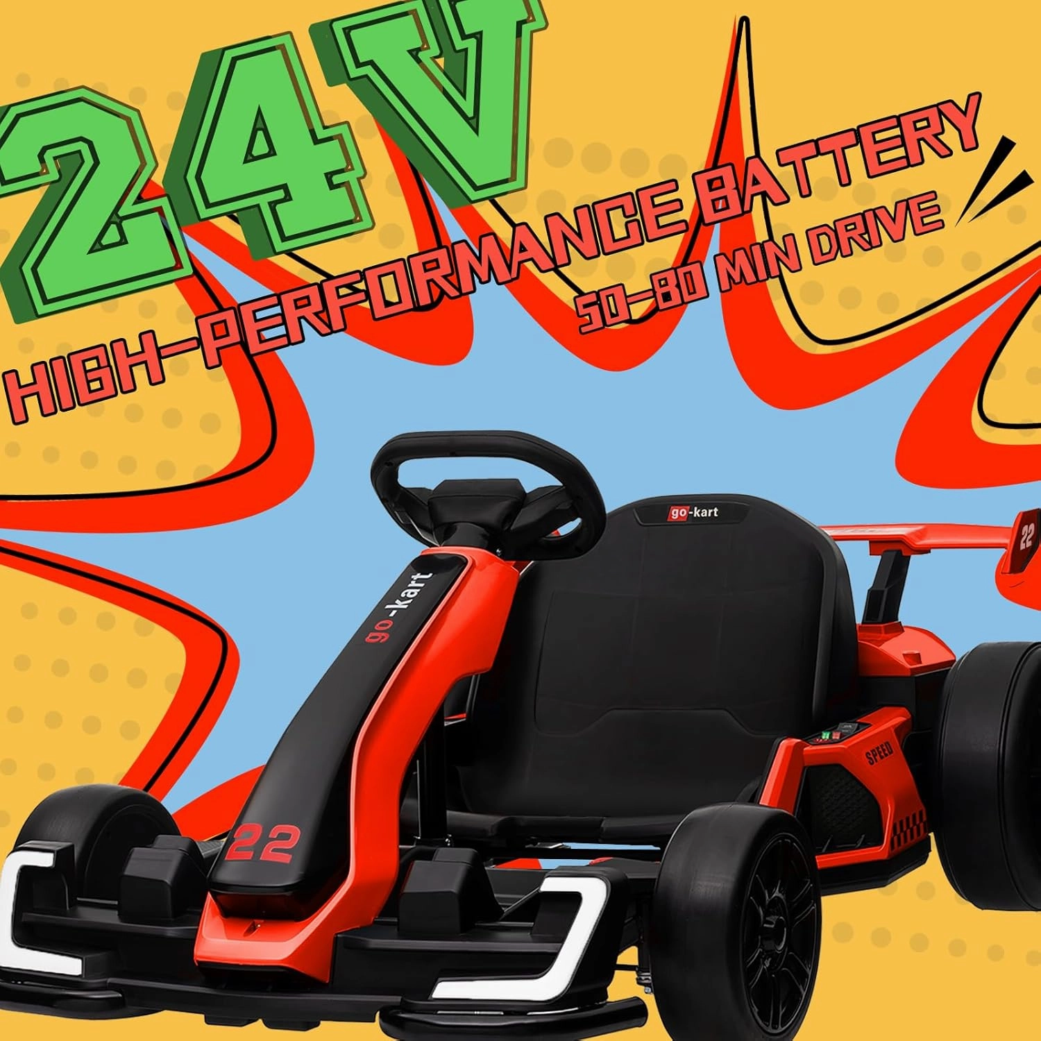 KerryYoo K61 Go Kart Electric Drift Kart Car with Adjustable Seat, 24V Outdoor Ride on Toy with 4 Speed Mode, Crazy Cart for Kids 6-12 Years Old, Fast 300W Motor, 8.5 MPH, LED Lights, Bluetooth - Red