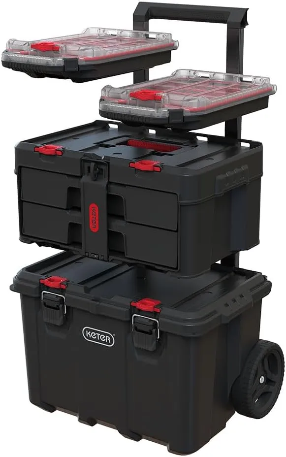 Keter Stack-n-Roll Modular Tools Organizer for Garage Storage and DIY, 4 Piece Resin Rolling Tool Box System for Small Parts, Black