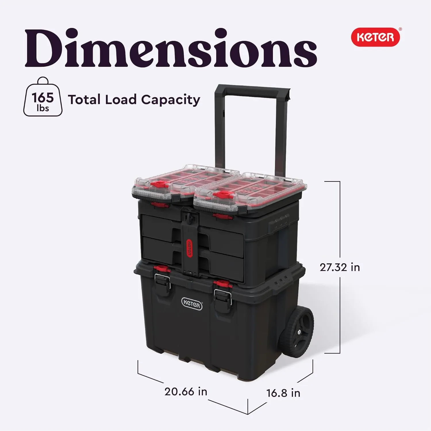 Keter Stack-n-Roll Modular Tools Organizer for Garage Storage and DIY, 4 Piece Resin Rolling Tool Box System for Small Parts, Black