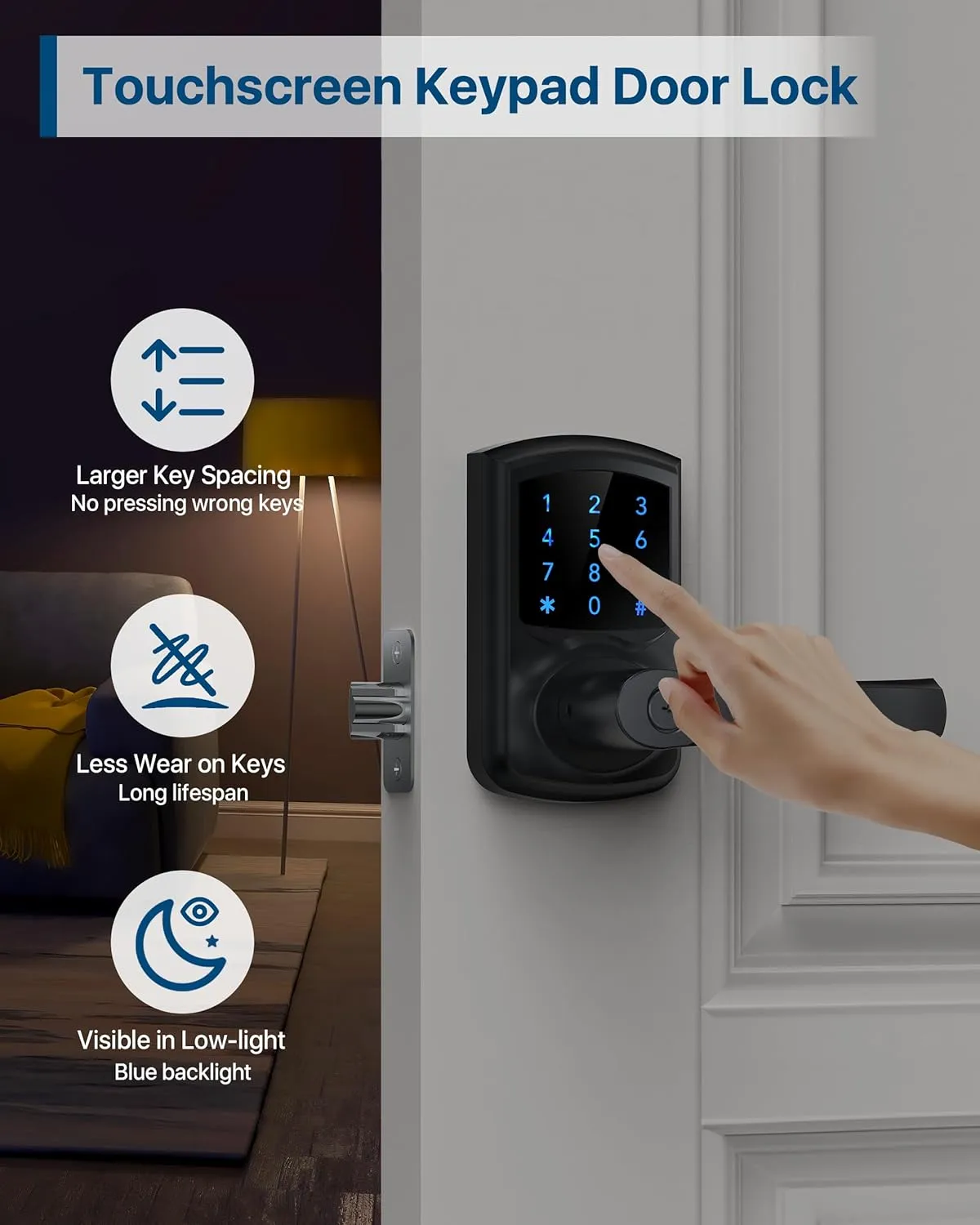 Keyless Entry Door Lock with Keypad and Handle for Front Doors, Touchscreen Deadbolt, Anti-peep Password, Auto-Locking, Matte Black