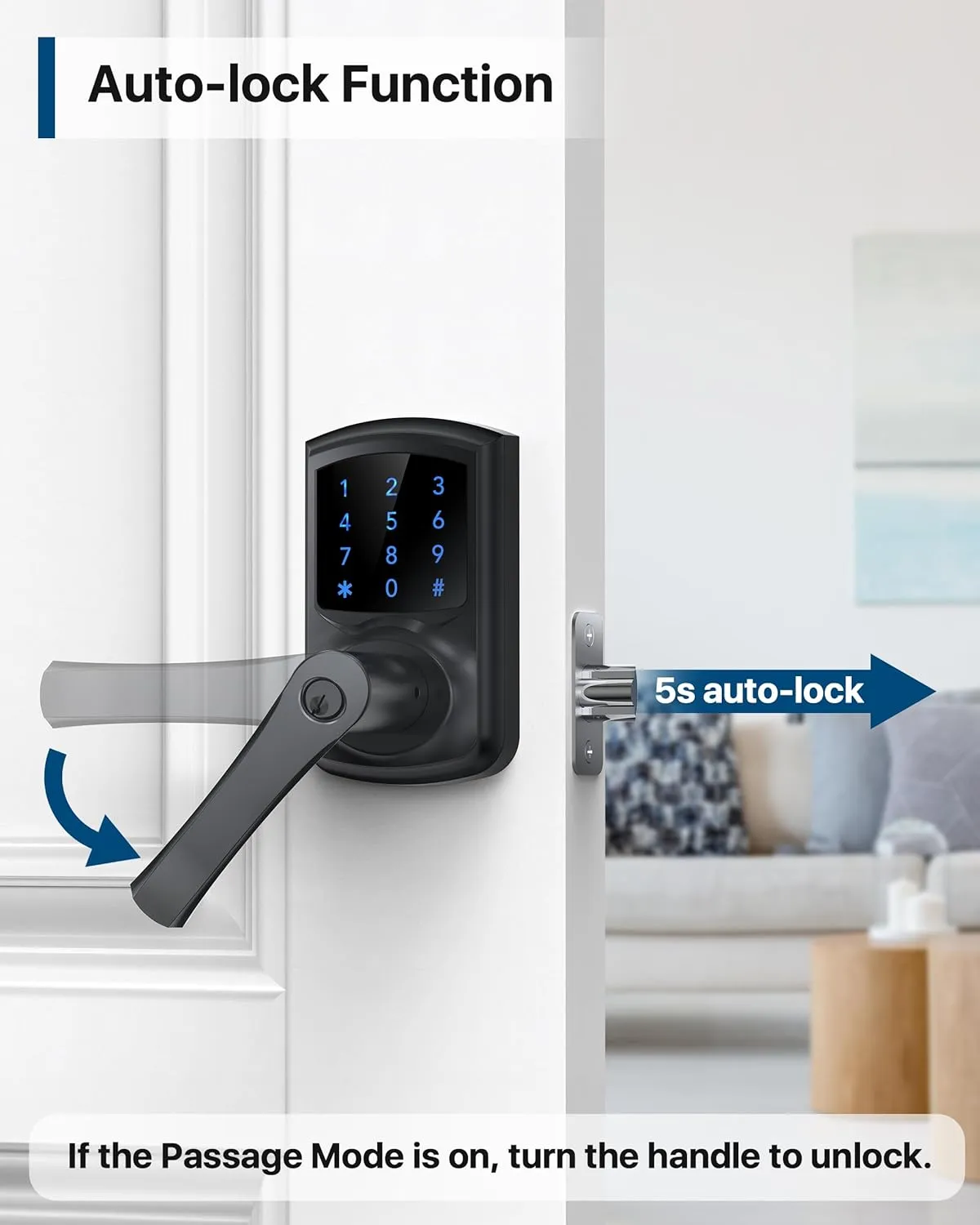 Keyless Entry Door Lock with Keypad and Handle for Front Doors, Touchscreen Deadbolt, Anti-peep Password, Auto-Locking, Matte Black