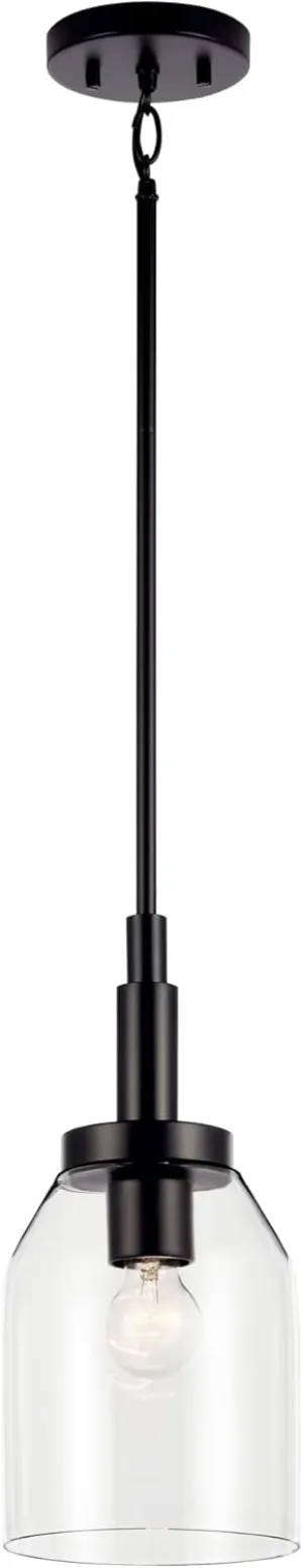 KICHLER Madden 1-Light Mini Pendant with Clear Glass in Black, Sloped Ceiling Compatible, for Bathroom or Kitchen (15" x 7"), 52725BK