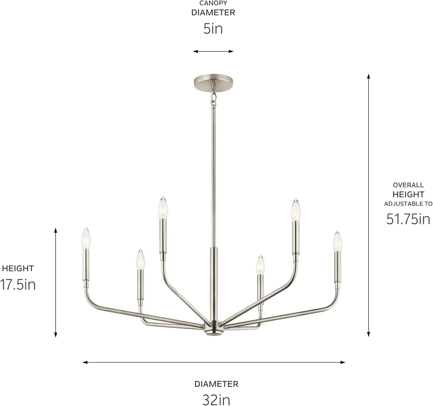 KICHLER Madden 6-Light Chandelier, Soft Modern Light in Brushed Nickel, Sloped Ceiling Compatible, for Entryway, Breakfast Nook or Laundry Room (17.5" x 32"), 52718NI
