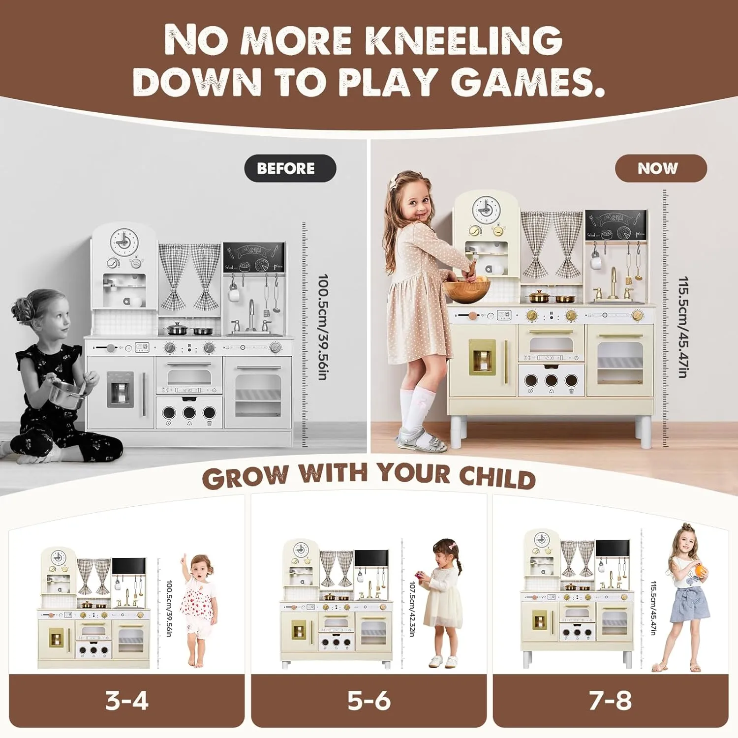 Kids Kitchen playset, Wooden Play Kitchen, Height Adjustable, Comes with Various Kitchen Accessories, Ideal Role Play Toy Gift for Toddlers and Kids Ages 3-8 (White)
