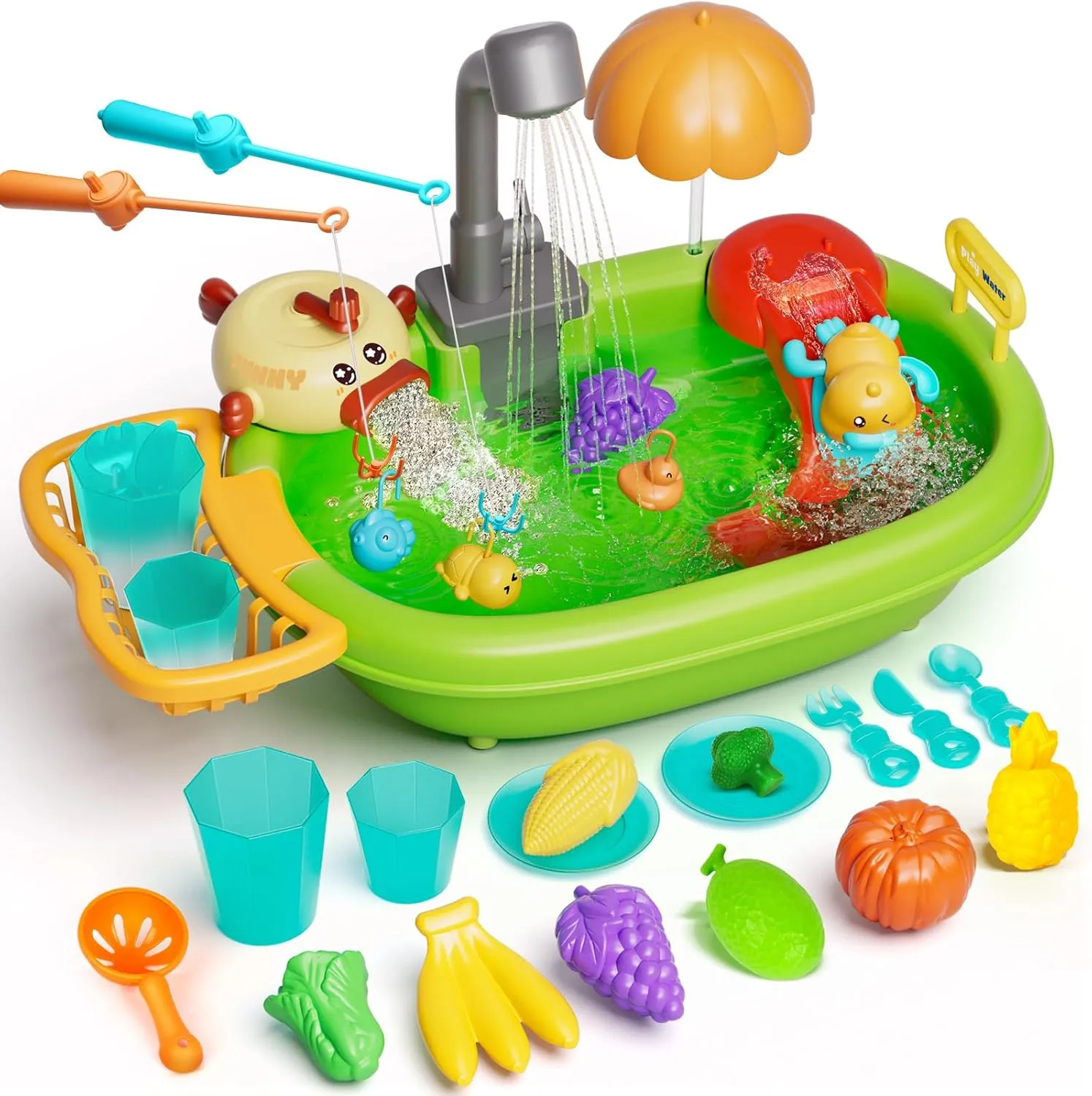 Kids Sink with Running Water, Toddler Pretend Play - Color Changing Play Sink Toys for Boys Girls with Electric Faucet, Bath Bubble Machine, Kitchen Toy Accessories, Floating Pool Toys & Fishing Game