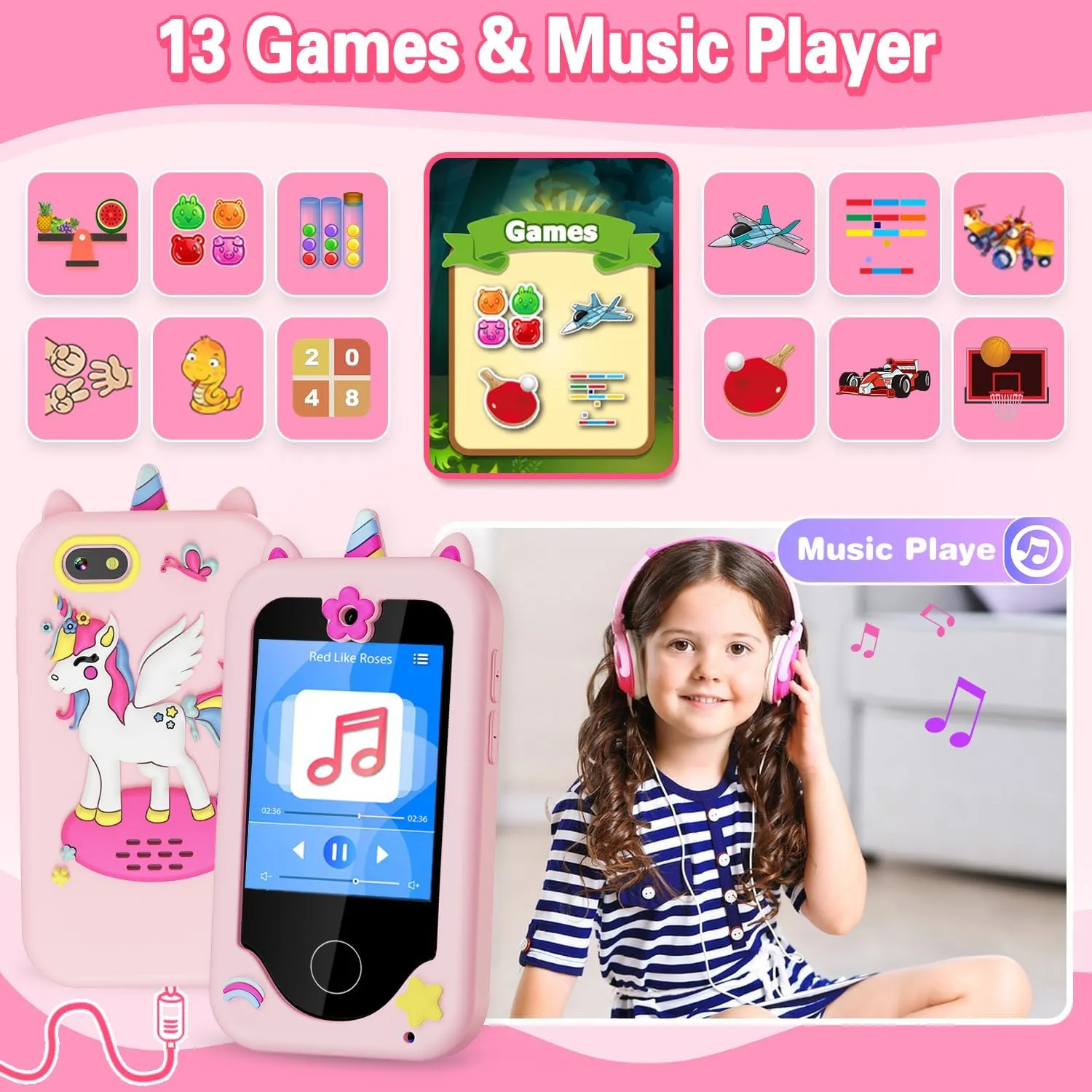Kids Smart Phone for Girls Gifts for Girls Toys Play Phone with Dual Cameras Music Games Touchscreen Learning Toy Christmas Birthday Gifts for 3 4 5 6 7 Year Old Girls with 8G SD Card