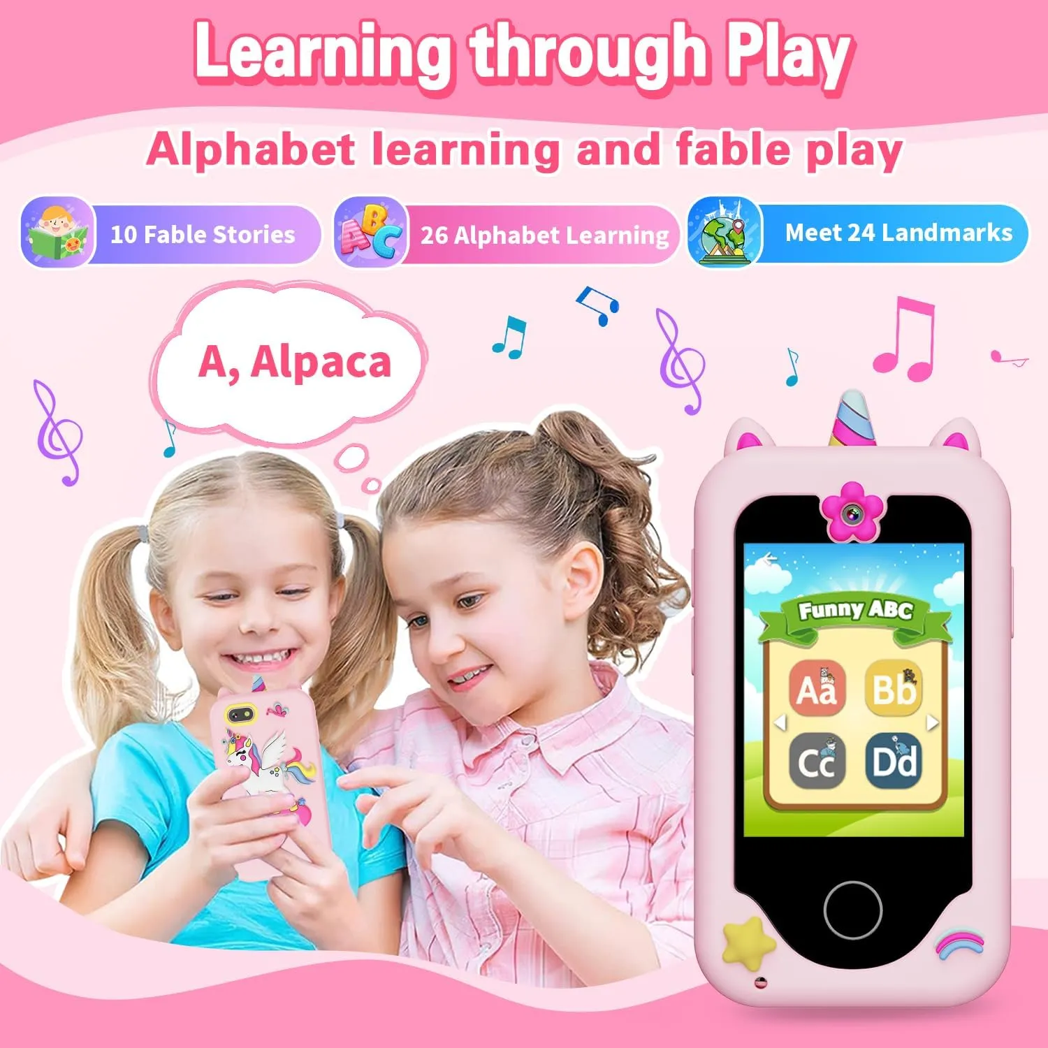 Kids Smart Phone for Girls Gifts for Girls Toys Play Phone with Dual Cameras Music Games Touchscreen Learning Toy Christmas Birthday Gifts for 3 4 5 6 7 Year Old Girls with 8G SD Card
