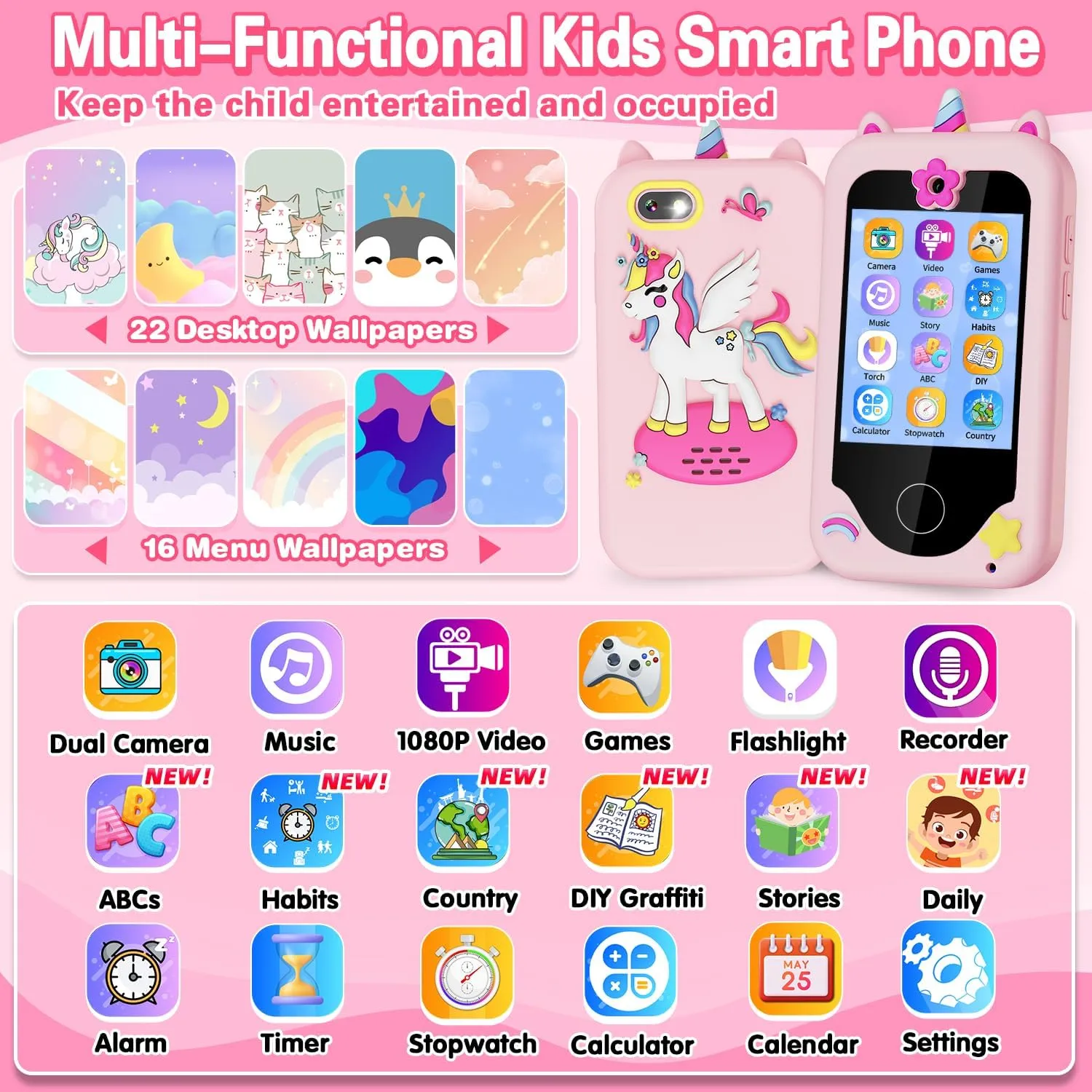 Kids Smart Phone for Girls Gifts for Girls Toys Play Phone with Dual Cameras Music Games Touchscreen Learning Toy Christmas Birthday Gifts for 3 4 5 6 7 Year Old Girls with 8G SD Card