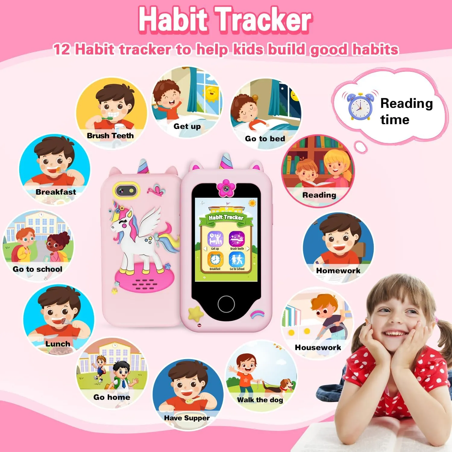 Kids Smart Phone for Girls Gifts for Girls Toys Play Phone with Dual Cameras Music Games Touchscreen Learning Toy Christmas Birthday Gifts for 3 4 5 6 7 Year Old Girls with 8G SD Card
