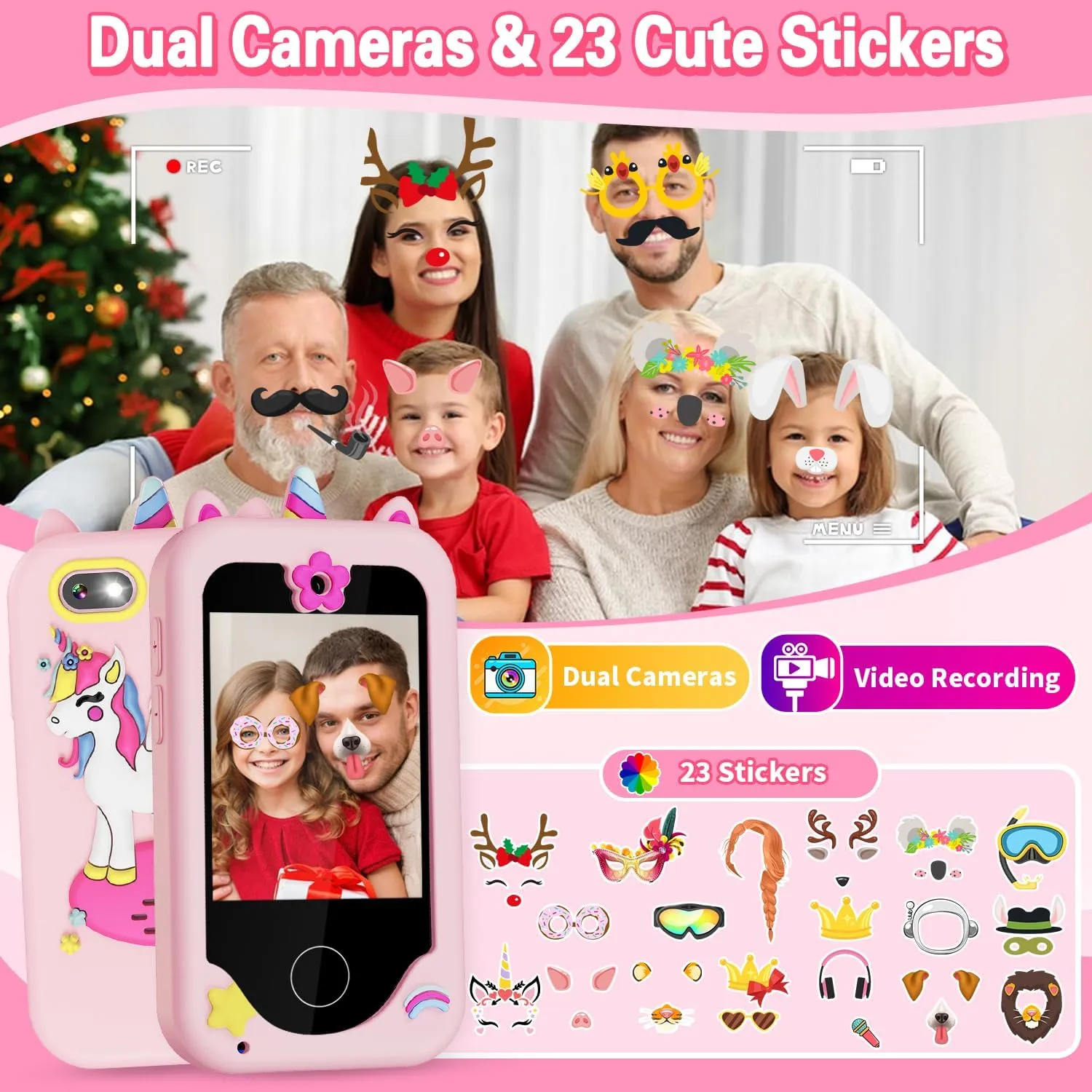 Kids Smart Phone for Girls Gifts for Girls Toys Play Phone with Dual Cameras Music Games Touchscreen Learning Toy Christmas Birthday Gifts for 3 4 5 6 7 Year Old Girls with 8G SD Card