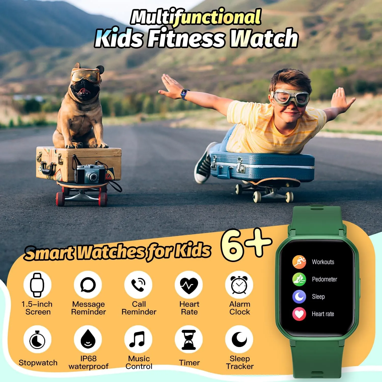 Kids Smart Watch for Girls,IP68 Waterproof Kids Fitness Tracker Watch with 1.5 Inch DIY Face,Heart Rate Sleep Monitor,19 Sport Modes,Calories Counter,Alarm Clock,Great Gifts for Children 6 (Green)