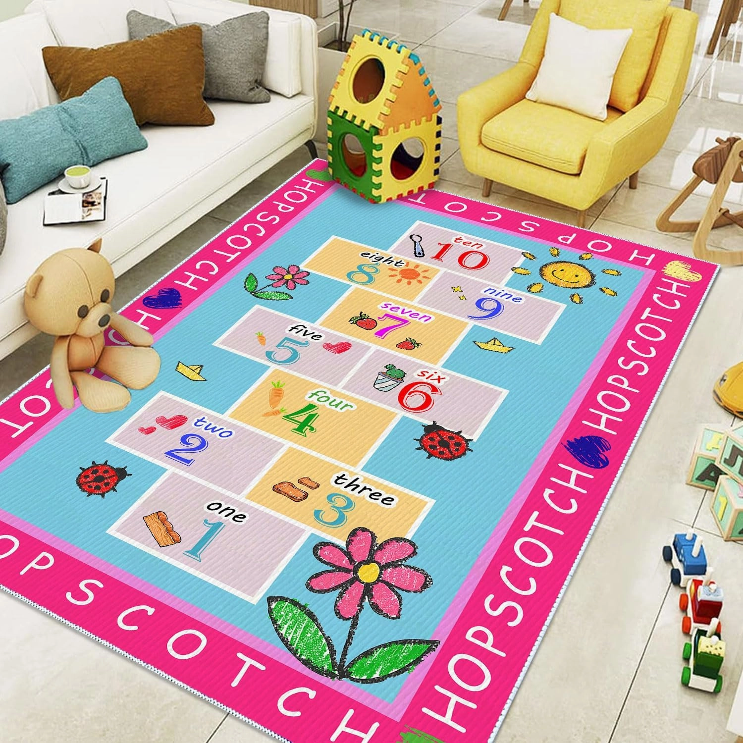 Kids Hopscotch Rug, 2' 7" x 4' Hop and Count Game Mat, Numbers Fun Anti Slip Pink Girl Floor Educational Carpet for Playroom Classroom Nursery and Bedroom