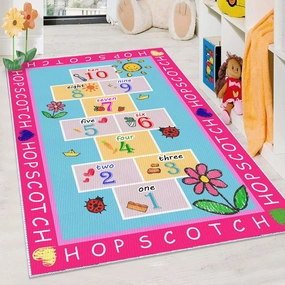 Kids Hopscotch Rug, 2' 7" x 4' Hop and Count Game Mat, Numbers Fun Anti Slip Pink Girl Floor Educational Carpet for Playroom Classroom Nursery and Bedroom