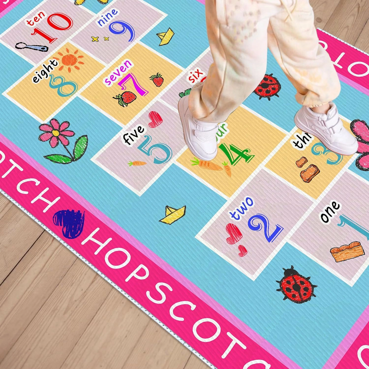 Kids Hopscotch Rug, 2' 7" x 4' Hop and Count Game Mat, Numbers Fun Anti Slip Pink Girl Floor Educational Carpet for Playroom Classroom Nursery and Bedroom