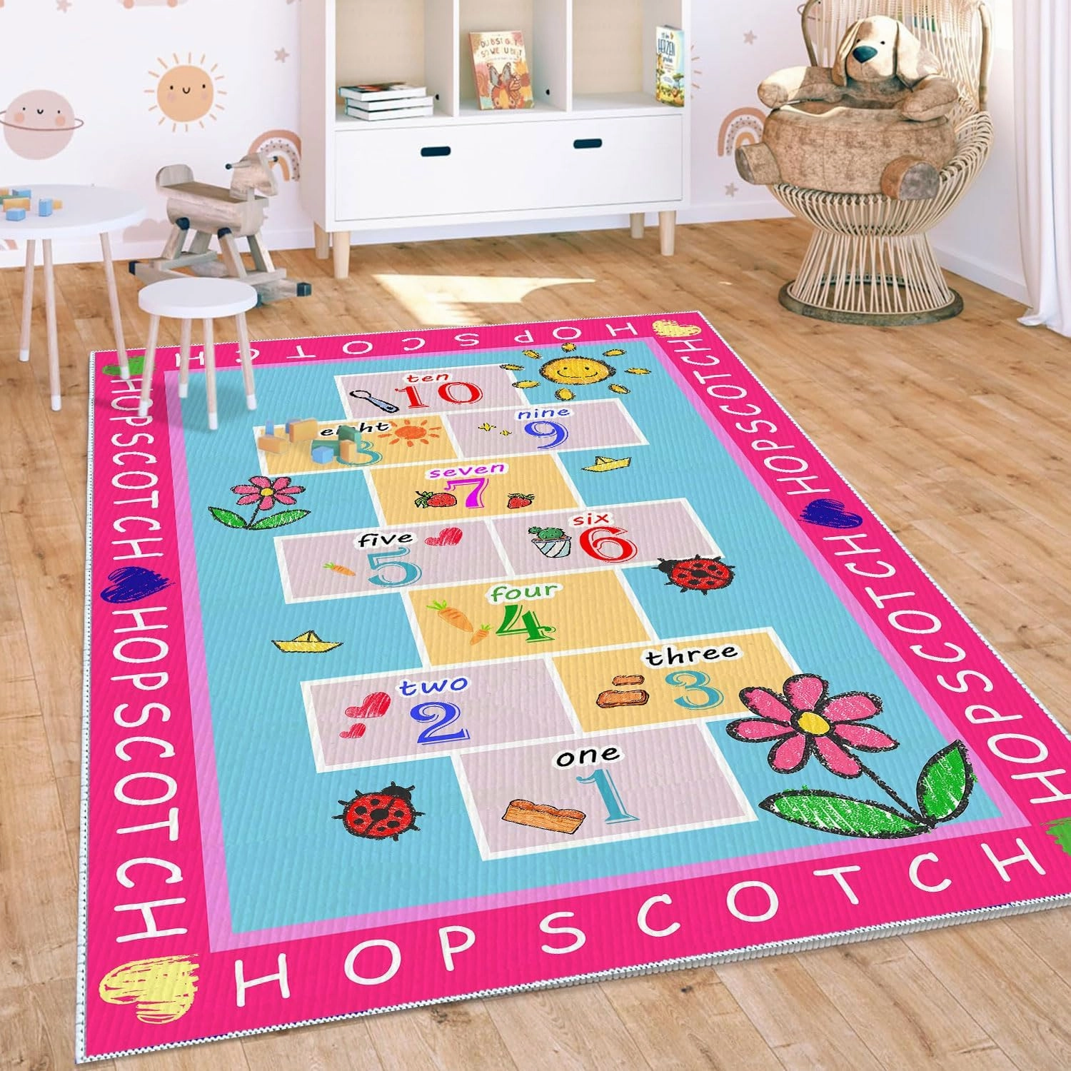 Kids Hopscotch Rug, 2' 7" x 4' Hop and Count Game Mat, Numbers Fun Anti Slip Pink Girl Floor Educational Carpet for Playroom Classroom Nursery and Bedroom