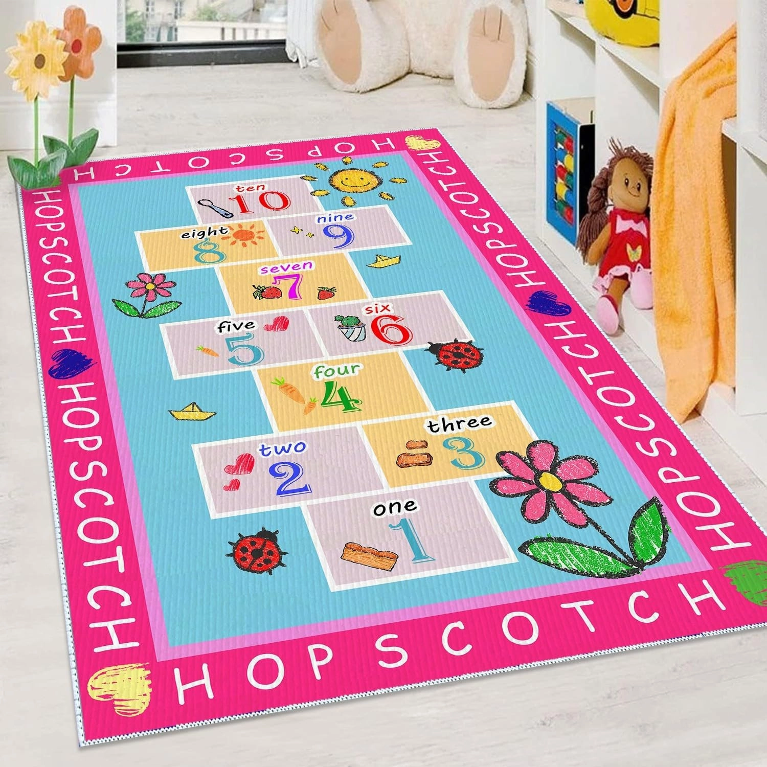 Kids Hopscotch Rug, 2' 7" x 4' Hop and Count Game Mat, Numbers Fun Anti Slip Pink Girl Floor Educational Carpet for Playroom Classroom Nursery and Bedroom