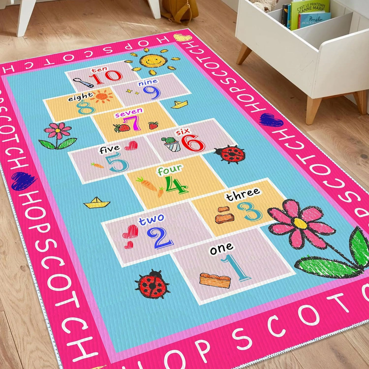 Kids Hopscotch Rug, 2' 7" x 4' Hop and Count Game Mat, Numbers Fun Anti Slip Pink Girl Floor Educational Carpet for Playroom Classroom Nursery and Bedroom