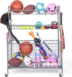 Kinghouse Garage Sports Equipment Organizer, Ball Storage Rack, Toy Storage, Nerf Gun Organization on Wheels for School, Garage, Black, Steel (Grey)