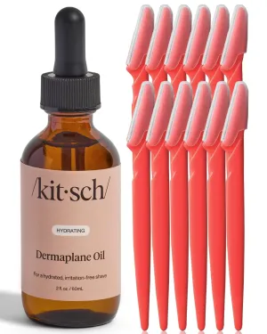 Kitsch Dermaplaning Bundle – Hydrating Dermaplane Oil & 12pc Dermaplane Razors Coral for Smooth, Glowing Skin