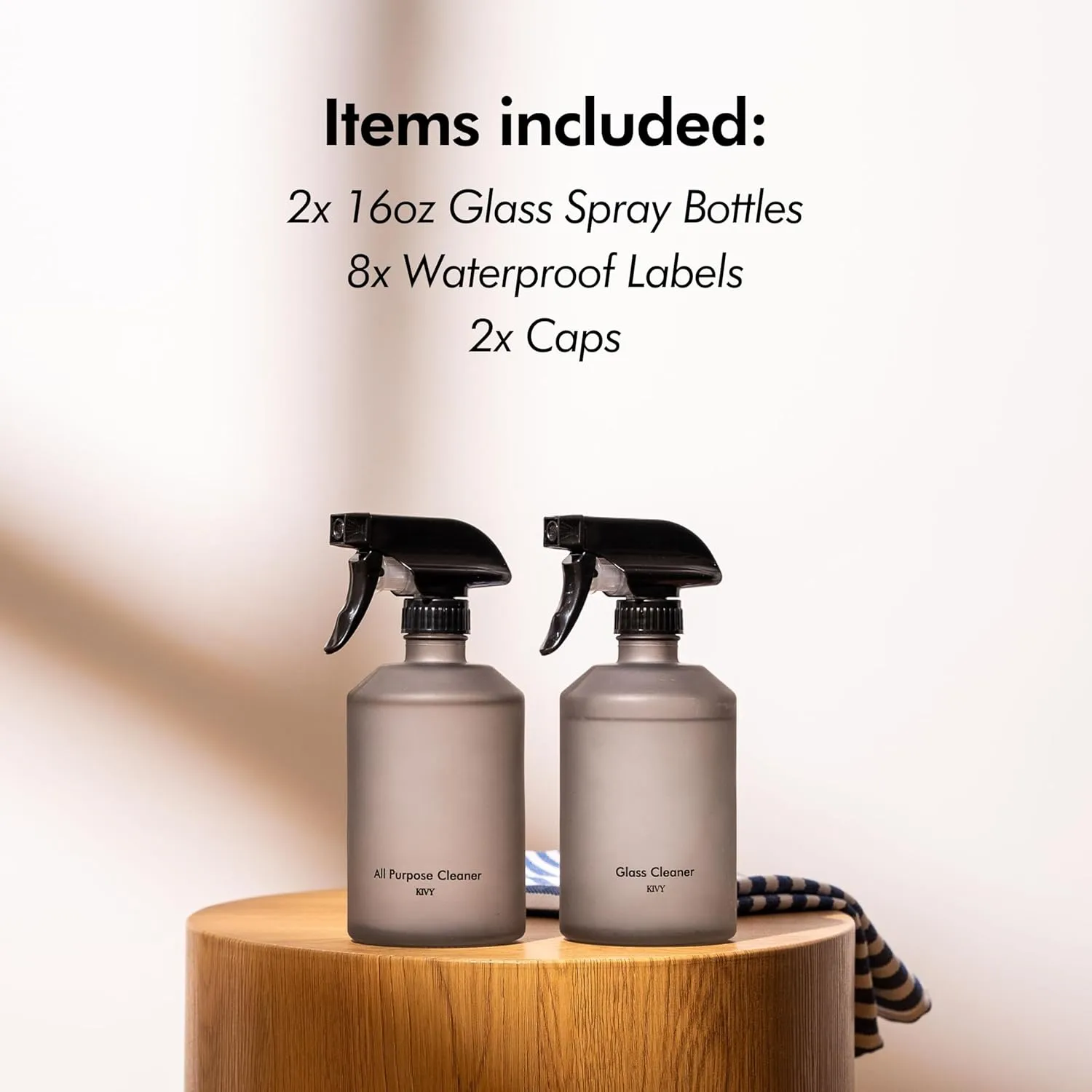 KIVY Glass Spray Bottles for Cleaning [INCL. LABELS] - Glass Spray Cleaning Bottles - Glass Spray Bottle for Cleaning, Plants & Hair - Glass Bottle Sprayer Reusable Refillable Spray Bottles (2x 16oz)