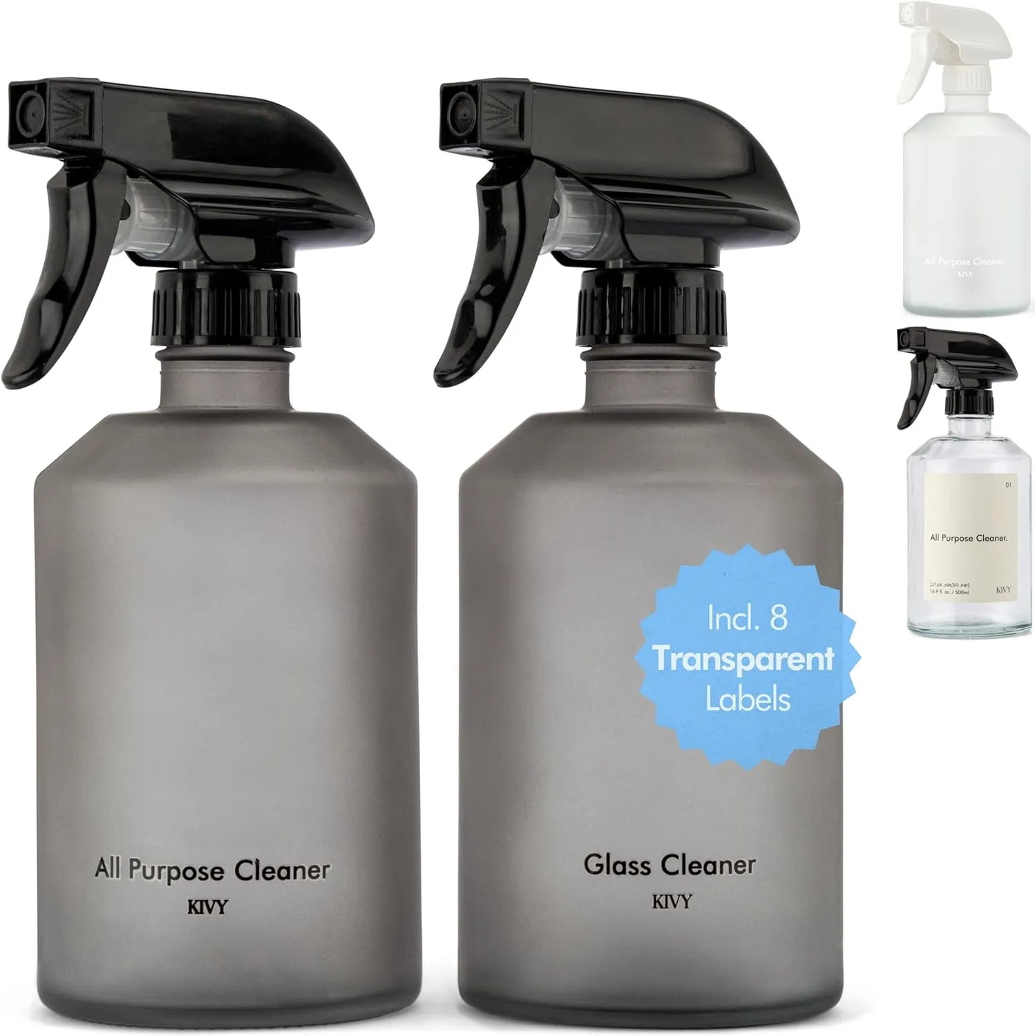 KIVY Glass Spray Bottles for Cleaning [INCL. LABELS] - Glass Spray Cleaning Bottles - Glass Spray Bottle for Cleaning, Plants & Hair - Glass Bottle Sprayer Reusable Refillable Spray Bottles (2x 16oz)
