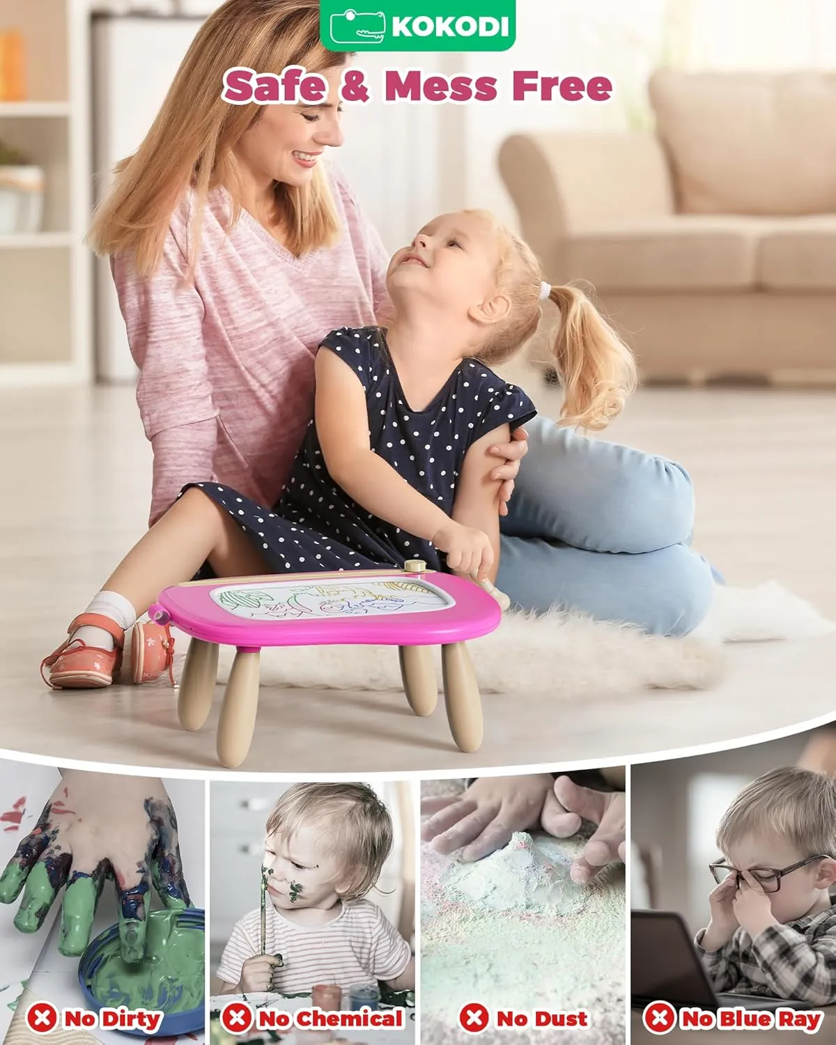 KOKODI Mess-Free Magnetic Drawing, Toddler Girl Toys for 1-2 Year Old, Large Doodle Board Pad Learning and Educational Toys for 1 2 3 Year Old Baby Kids Birthday Gifts(Rose)