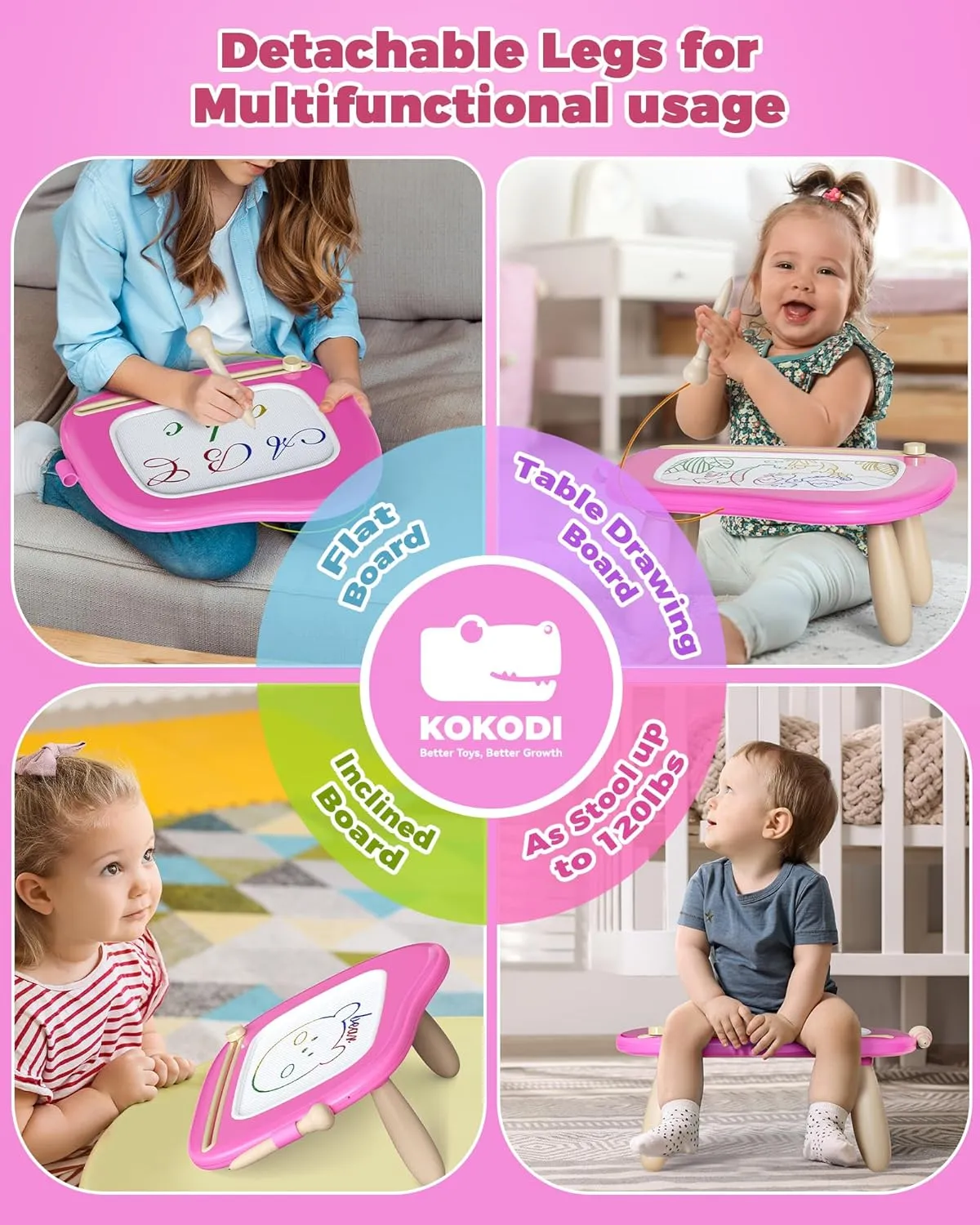 KOKODI Mess-Free Magnetic Drawing, Toddler Girl Toys for 1-2 Year Old, Large Doodle Board Pad Learning and Educational Toys for 1 2 3 Year Old Baby Kids Birthday Gifts(Rose)