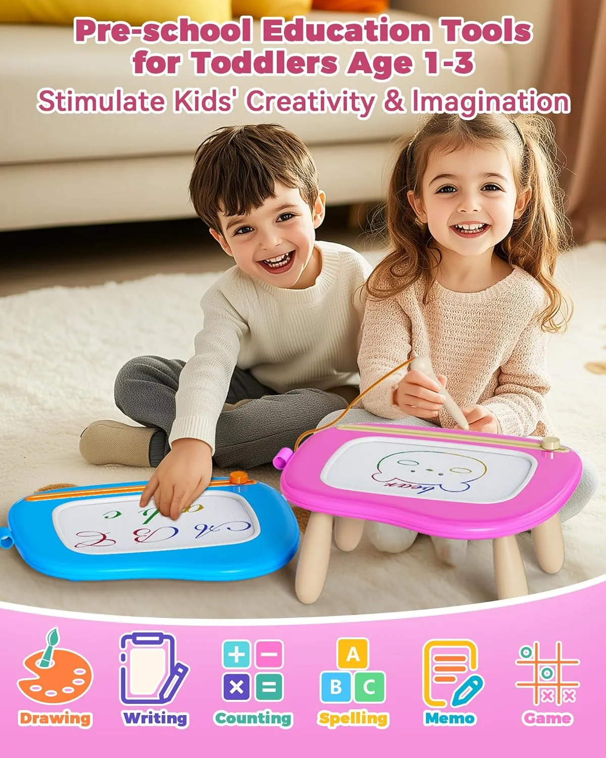 KOKODI Mess-Free Magnetic Drawing, Toddler Girl Toys for 1-2 Year Old, Large Doodle Board Pad Learning and Educational Toys for 1 2 3 Year Old Baby Kids Birthday Gifts(Rose)