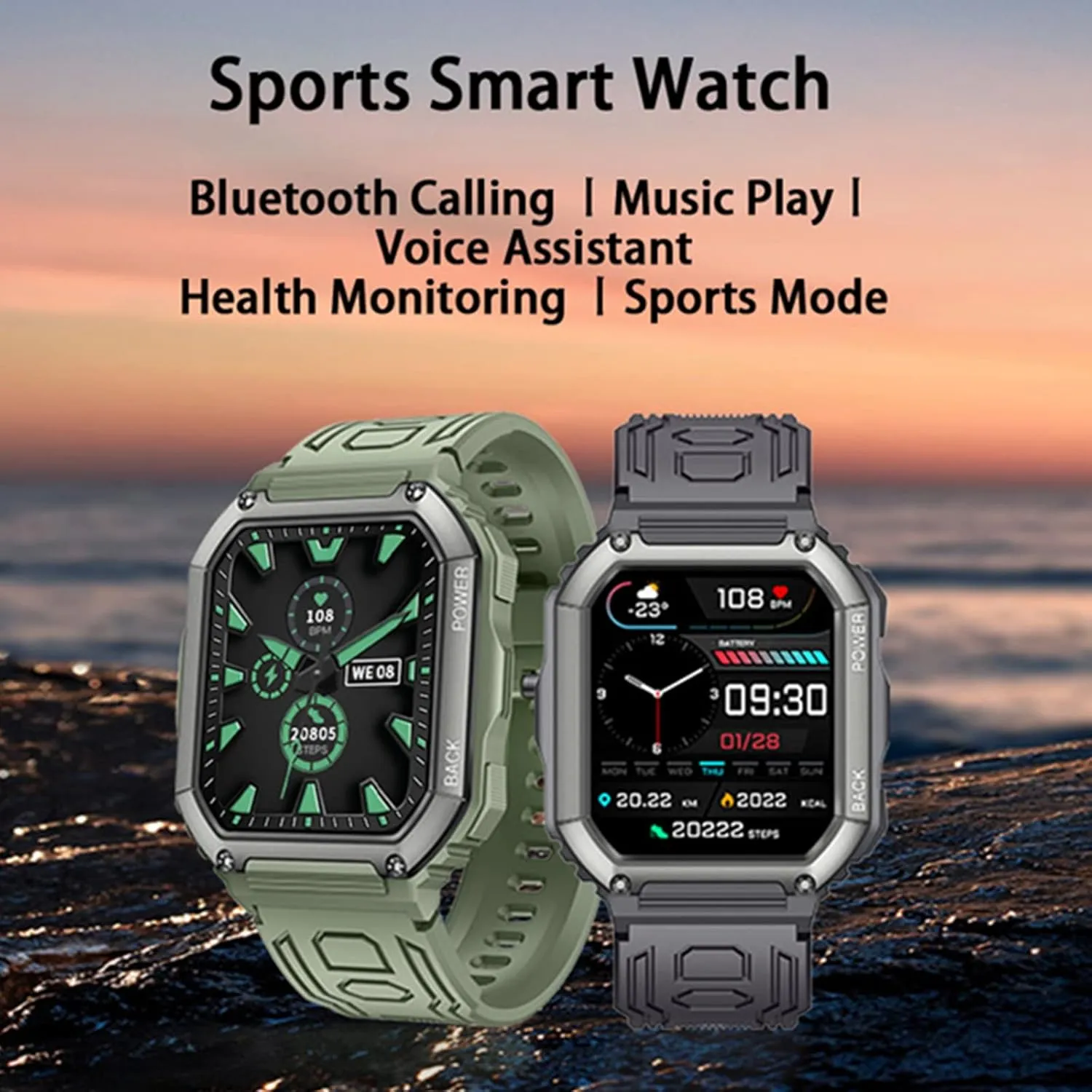 KR06 Sports Smart Watch 1.8 Inch Bluetooth Call Music Play Voice Assistant Health Monitor Multi Sports Modes Fitness Tracker