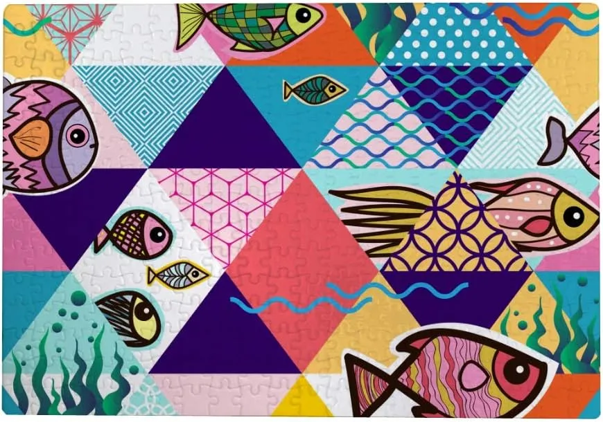 Kuizee Puzzle 500 Piece Jigsaw Puzzle ﻿Cartoon Fish Trendy Style Colorful Triangular Geometry Kids Adult Educational Intellectual Decompressing Fun Game 20.5X15Inch