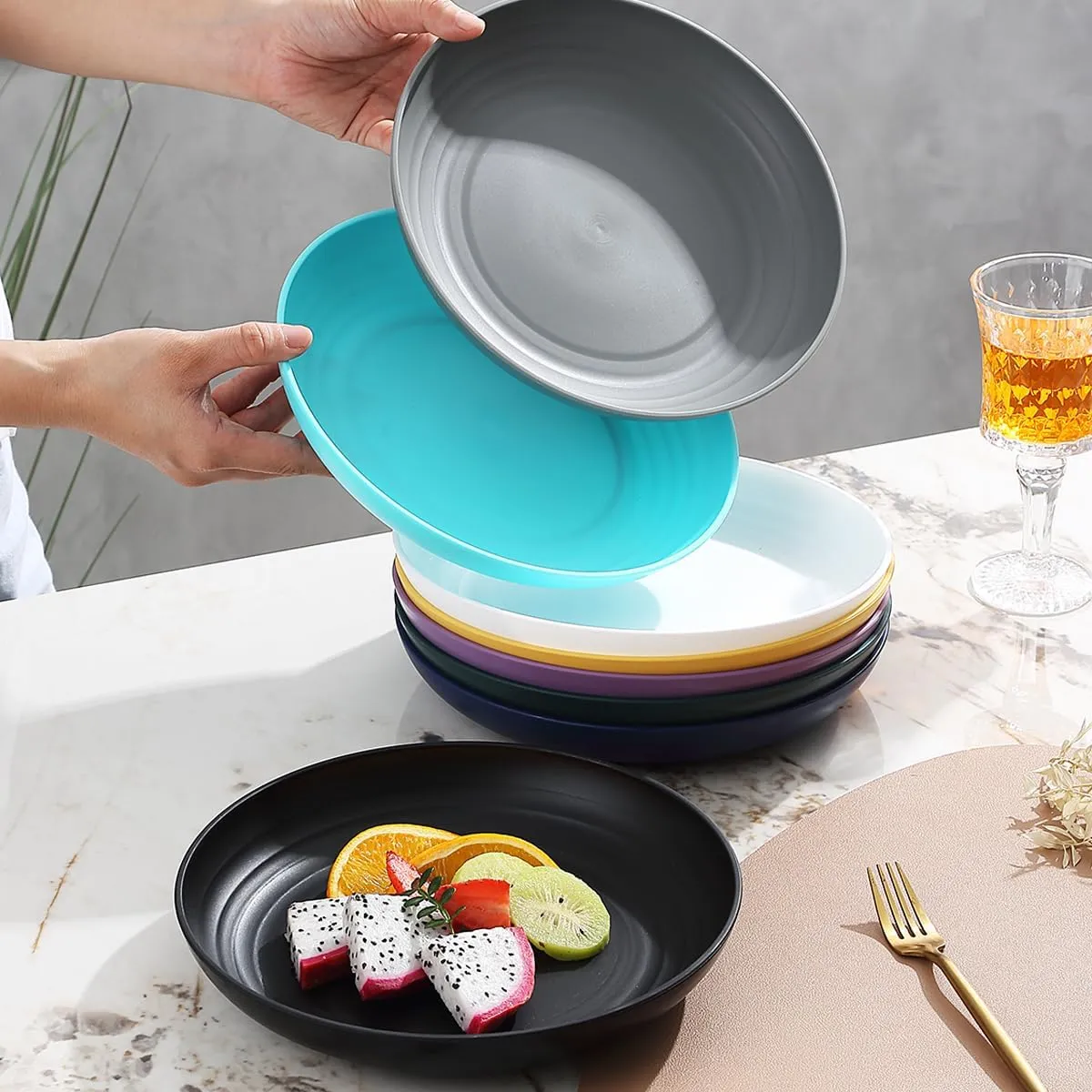 Kyraton Large Deep Plastic Plates 8 Pieces, 9 Inch Dinner Plates, Unbreakable And Reusable Light Weight Dinner Plates Pasta and Dumpling Bowl Microwave Safe