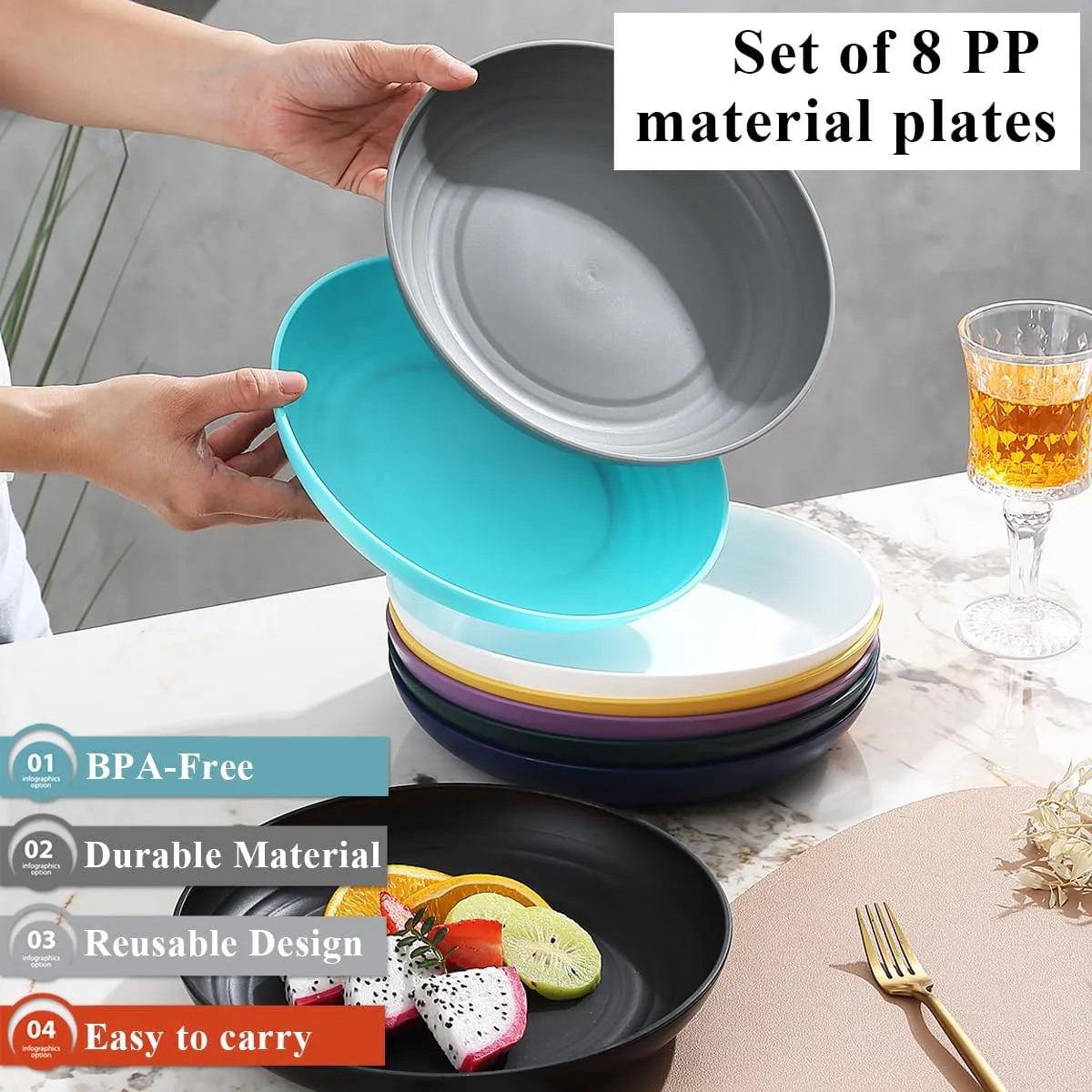 Kyraton Large Deep Plastic Plates 8 Pieces, 9 Inch Dinner Plates, Unbreakable And Reusable Light Weight Dinner Plates Pasta and Dumpling Bowl Microwave Safe