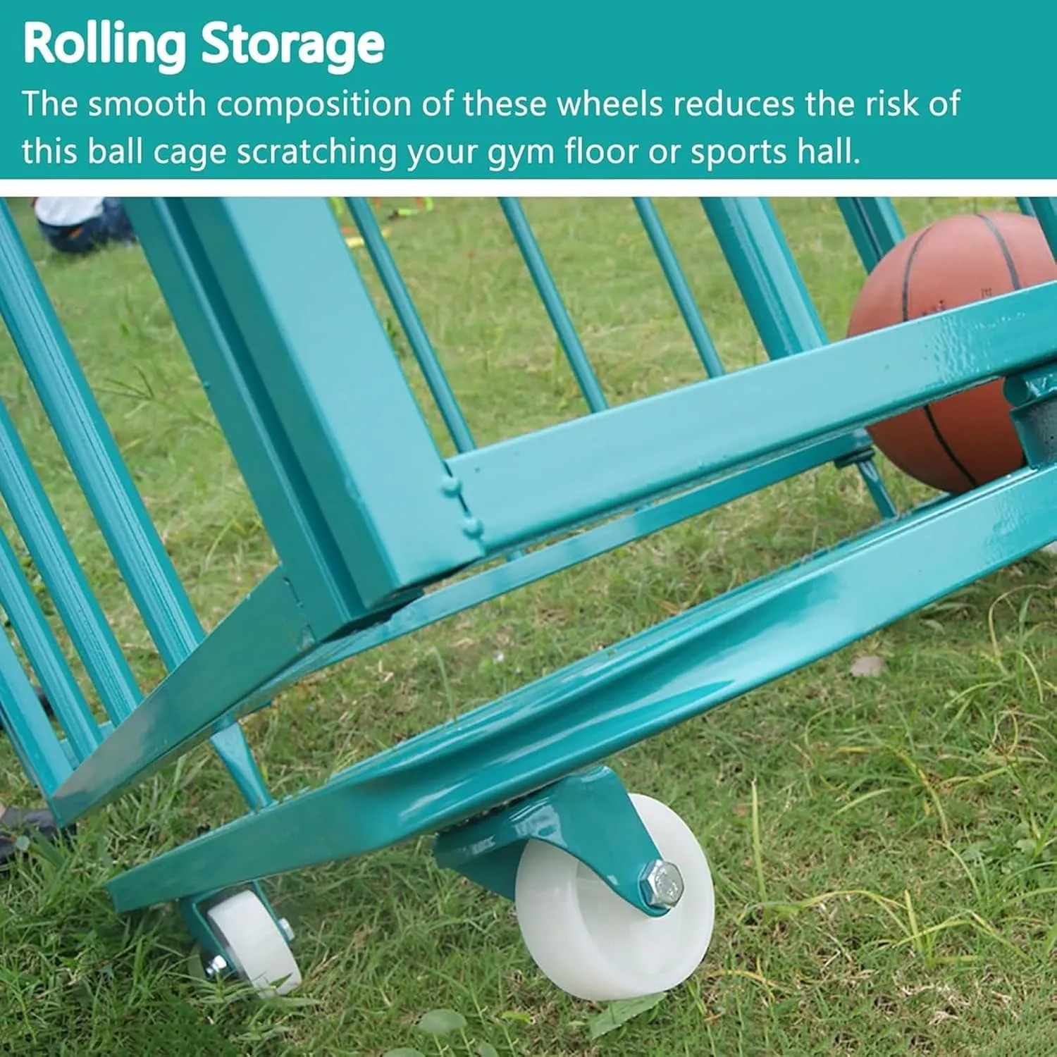 Large Capacity Ball Cage with Wheels, Green Metal Ball Storage Rack with Lockable Hinge Cover, School Playground Kindergarten Storage Room