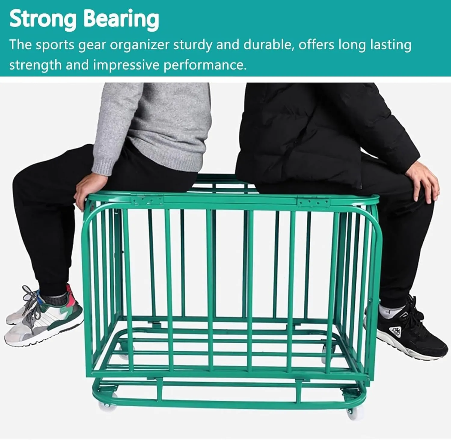 Large Capacity Ball Cage with Wheels, Green Metal Ball Storage Rack with Lockable Hinge Cover, School Playground Kindergarten Storage Room