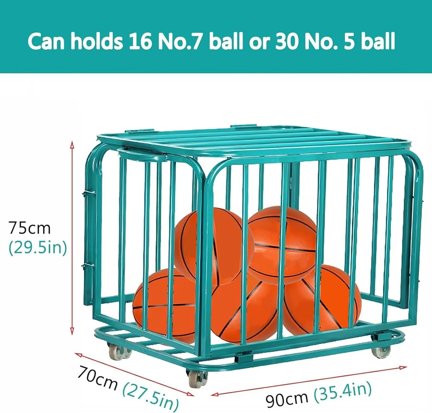 Large Capacity Ball Cage with Wheels, Green Metal Ball Storage Rack with Lockable Hinge Cover, School Playground Kindergarten Storage Room