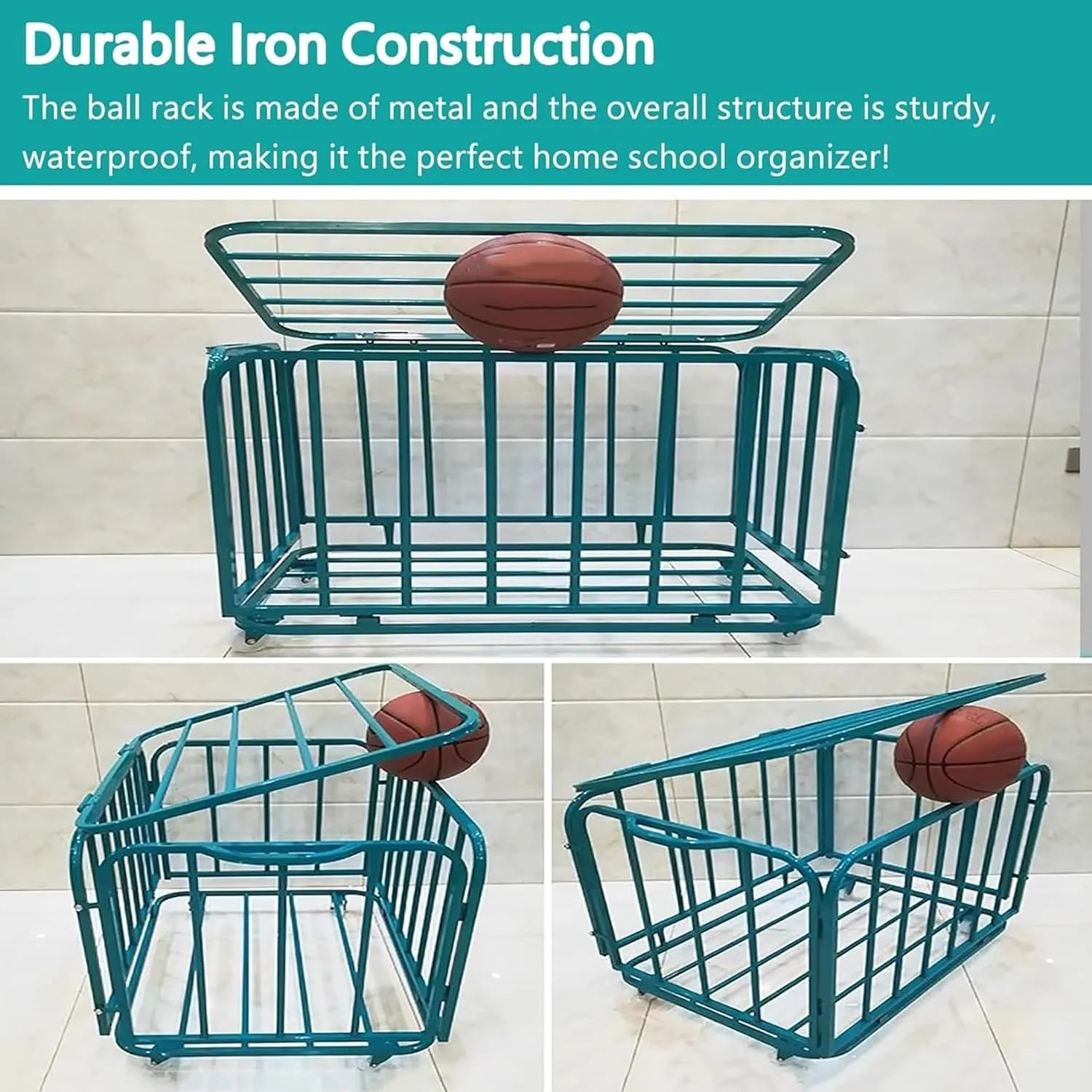Large Capacity Ball Cage with Wheels, Green Metal Ball Storage Rack with Lockable Hinge Cover, School Playground Kindergarten Storage Room