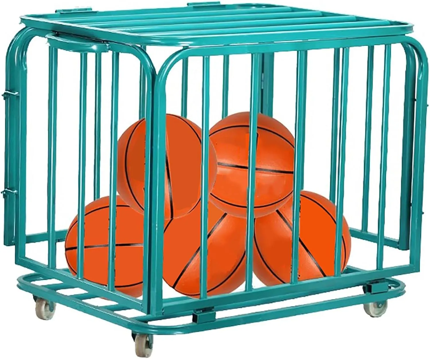 Large Capacity Ball Cage with Wheels, Green Metal Ball Storage Rack with Lockable Hinge Cover, School Playground Kindergarten Storage Room
