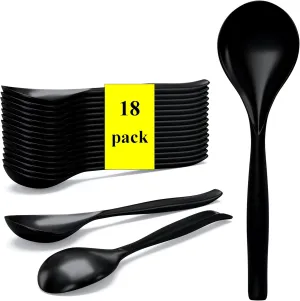 Large Plastic Serving Utensils, 10 inches, Big Heavy Weight Reusable Utensils for Party Buffet Catering, Large Serving Spoons (18, 10 inches black)