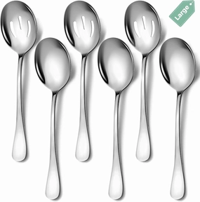Large Serving Spoons, 6 Pieces Large Stainless Steel Serving Spoons Set Includes 3 Large Serving Spoon,3 Large Slotted Spoons. Serving Spoons for Parties/Buffet, Dishwasher Safe, 10-Inch