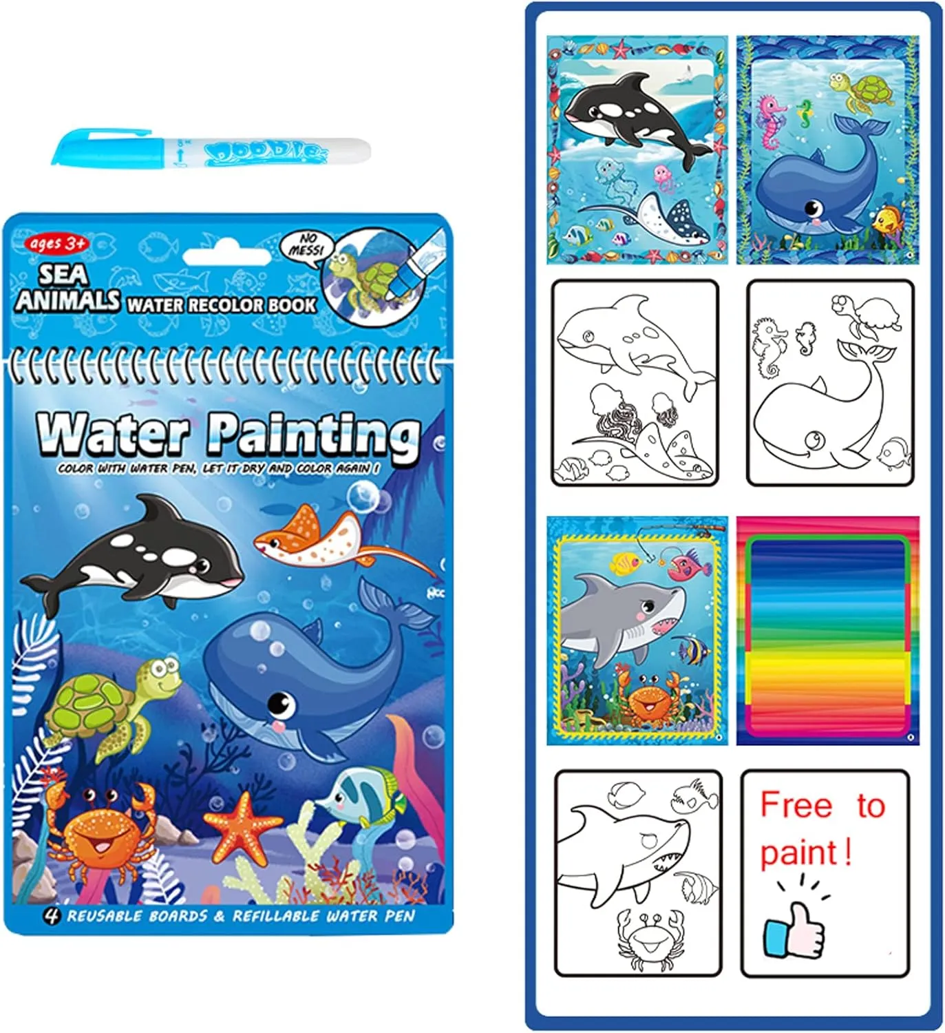 LEFIMOT 4 Pack Water Coloring Books for Toddler, Reusable Paint with Water Books for Kids Ages 3-5, Educational Learning Toddlers Travel Toys with Pens, Birthday Gifts for Kids