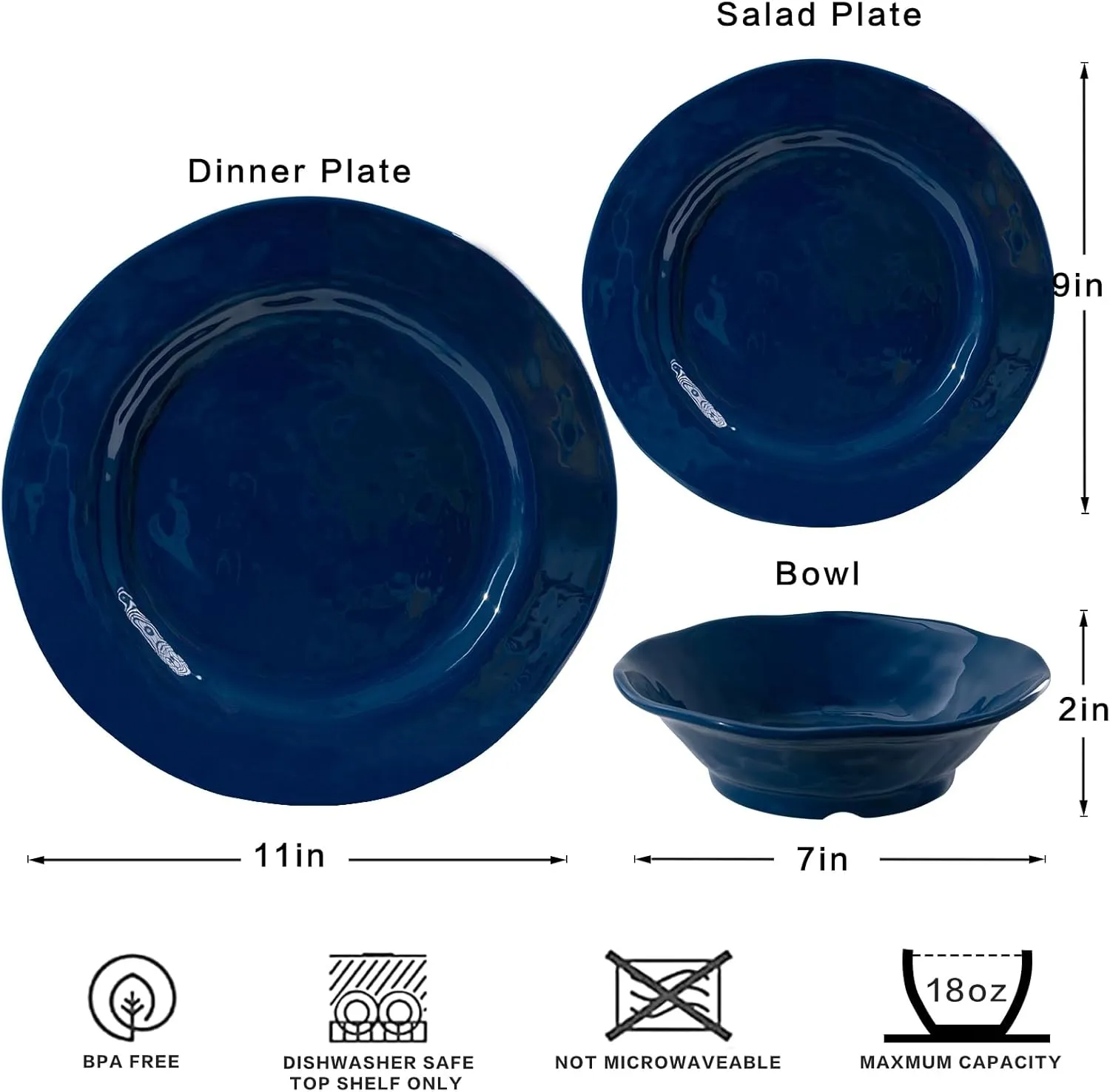 LEHAHA Blue 18-Piece Dinnerware Place Setting, Melamine Dishes for Indoor and Outdoor Dining, BPA Free, Reusable, Lightweight, Dishwasher Safe, Not Microwaveable